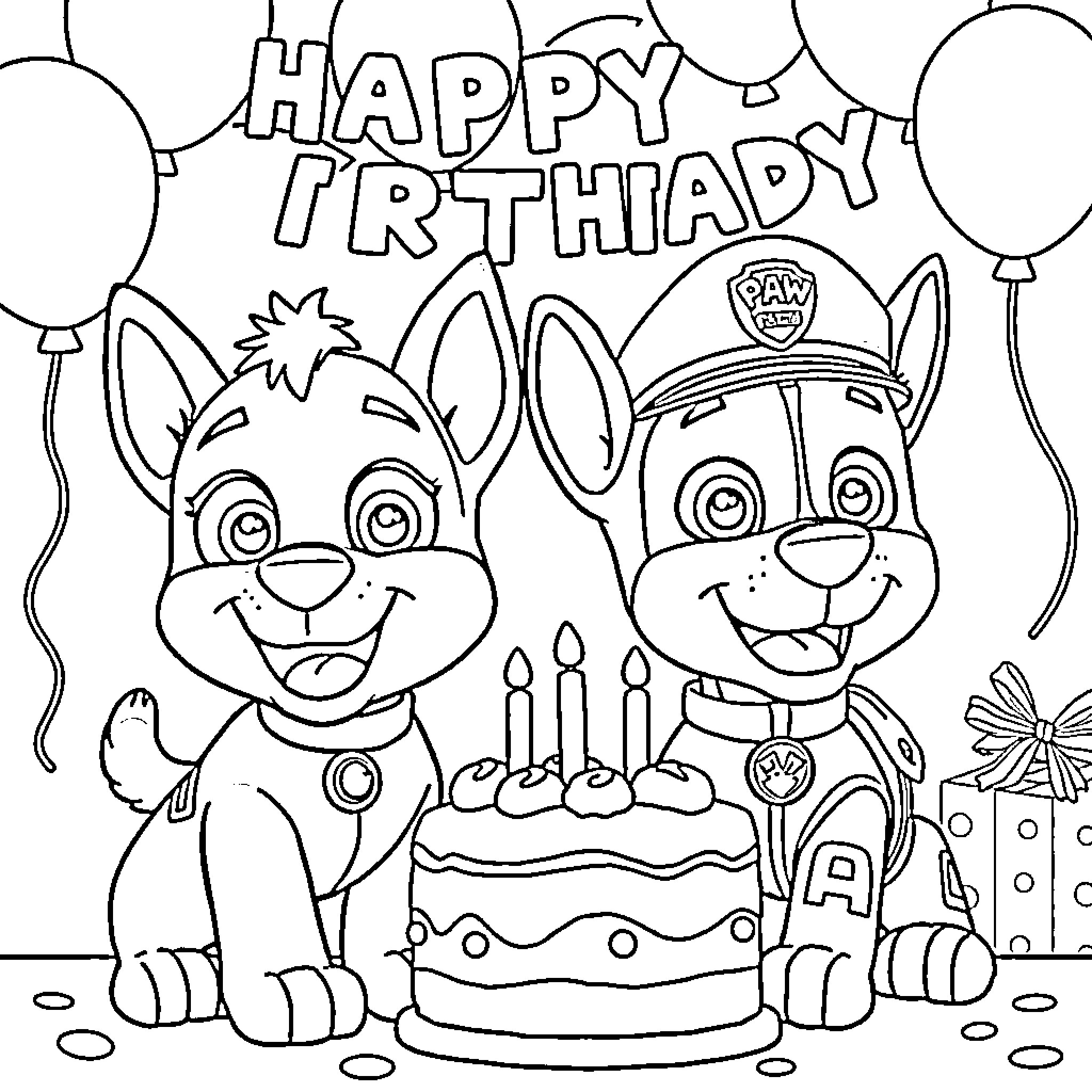 Bluey's Birthday Celebration with Paw Patrol Friend Coloring Page (free black-and-white line drawing printable PDF for all, from beginners to advanced learners, including children, teens, adults, and seniors)