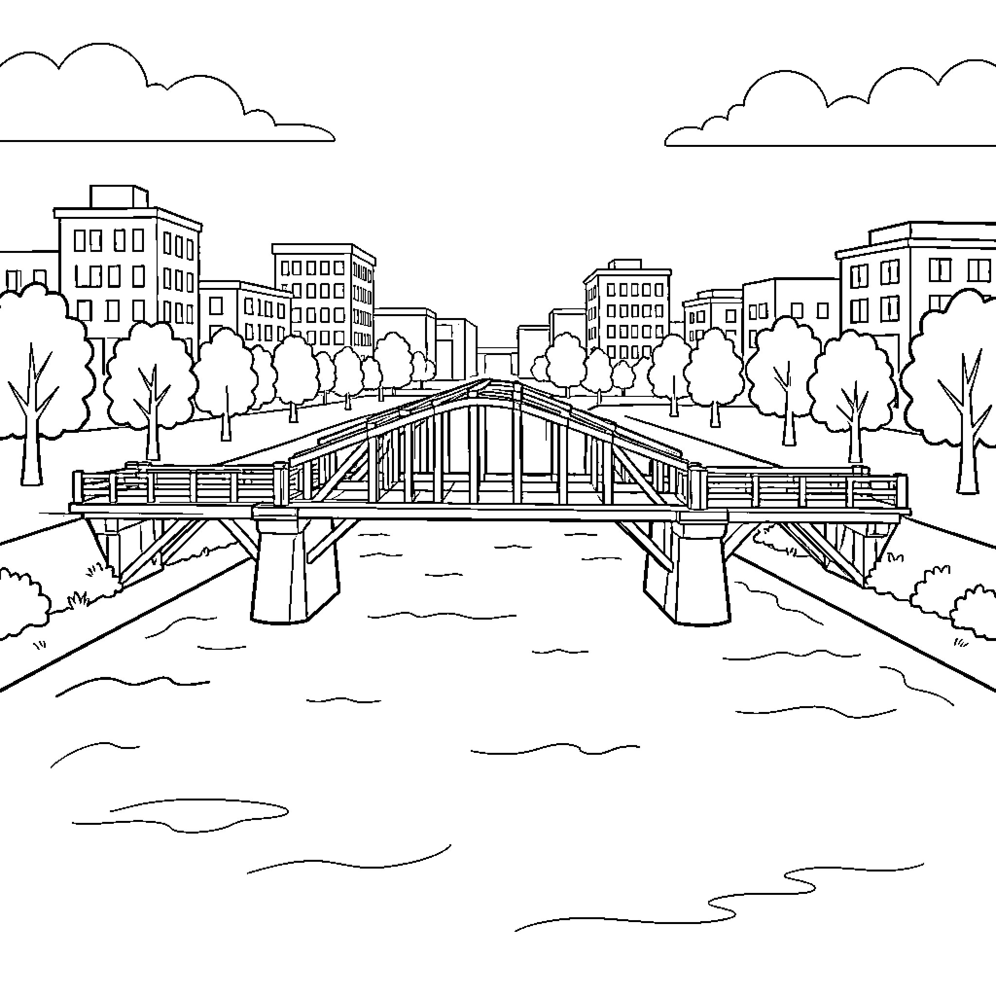 Pont stretching across a river in a city Coloring Page (free black-and-white line drawing printable PDF for all, from beginners to advanced learners, including children, teens, adults, and seniors)