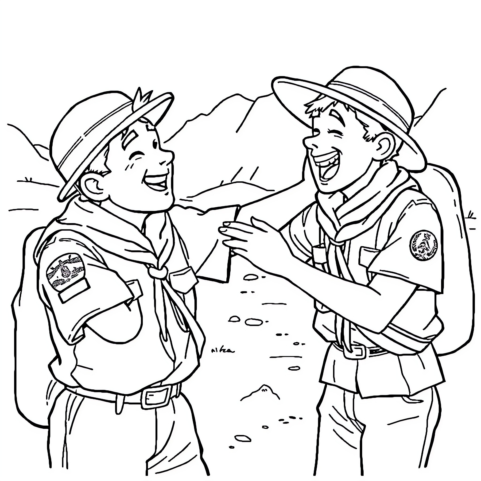 Scout Comrades Laughing and Talking on Hiking Trail Coloring Page (free black-and-white line drawing printable PDF for all, from beginners to advanced learners, including children, teens, adults, and seniors)