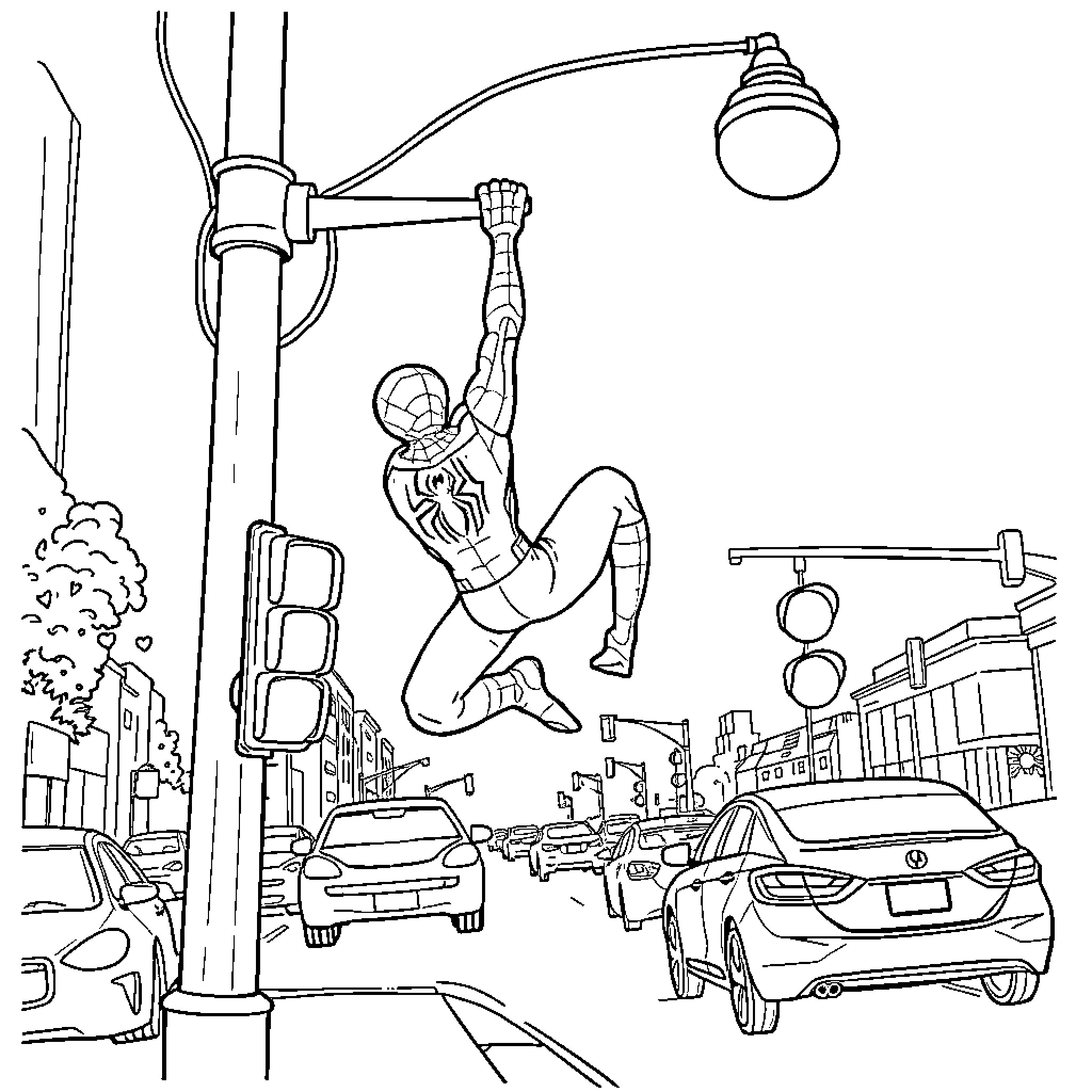 Spider-Man swinging through the city with heroic actions Coloring Page (free black-and-white line drawing printable PDF for all, from beginners to advanced learners, including children, teens, adults, and seniors)