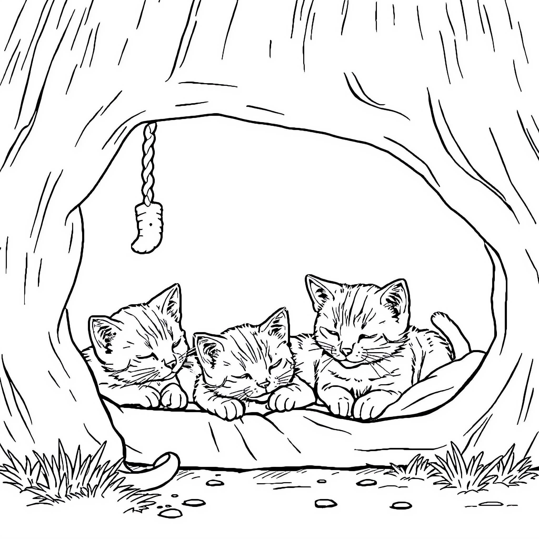 Kittens Huddled in Cozy Shelter Coloring Page (free black-and-white line drawing printable PDF for all, from beginners to advanced learners, including children, teens, adults, and seniors)