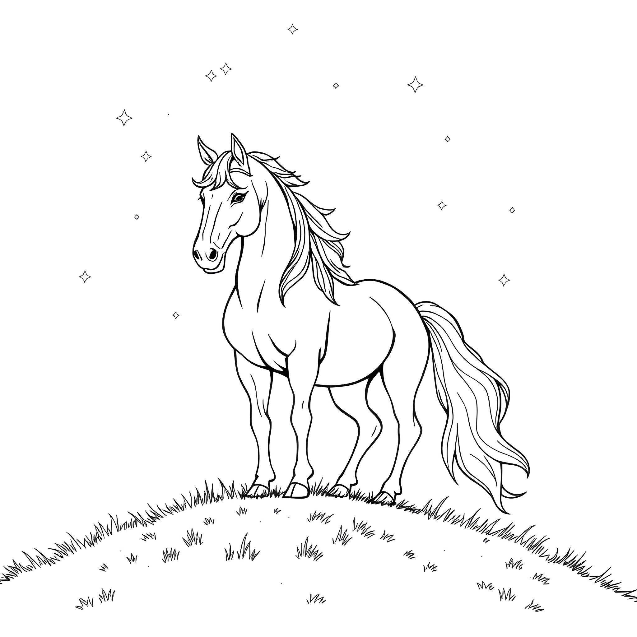 Paard standing proudly on the grassy field Coloring Page (free black-and-white line drawing printable PDF for all, from beginners to advanced learners, including children, teens, adults, and seniors)