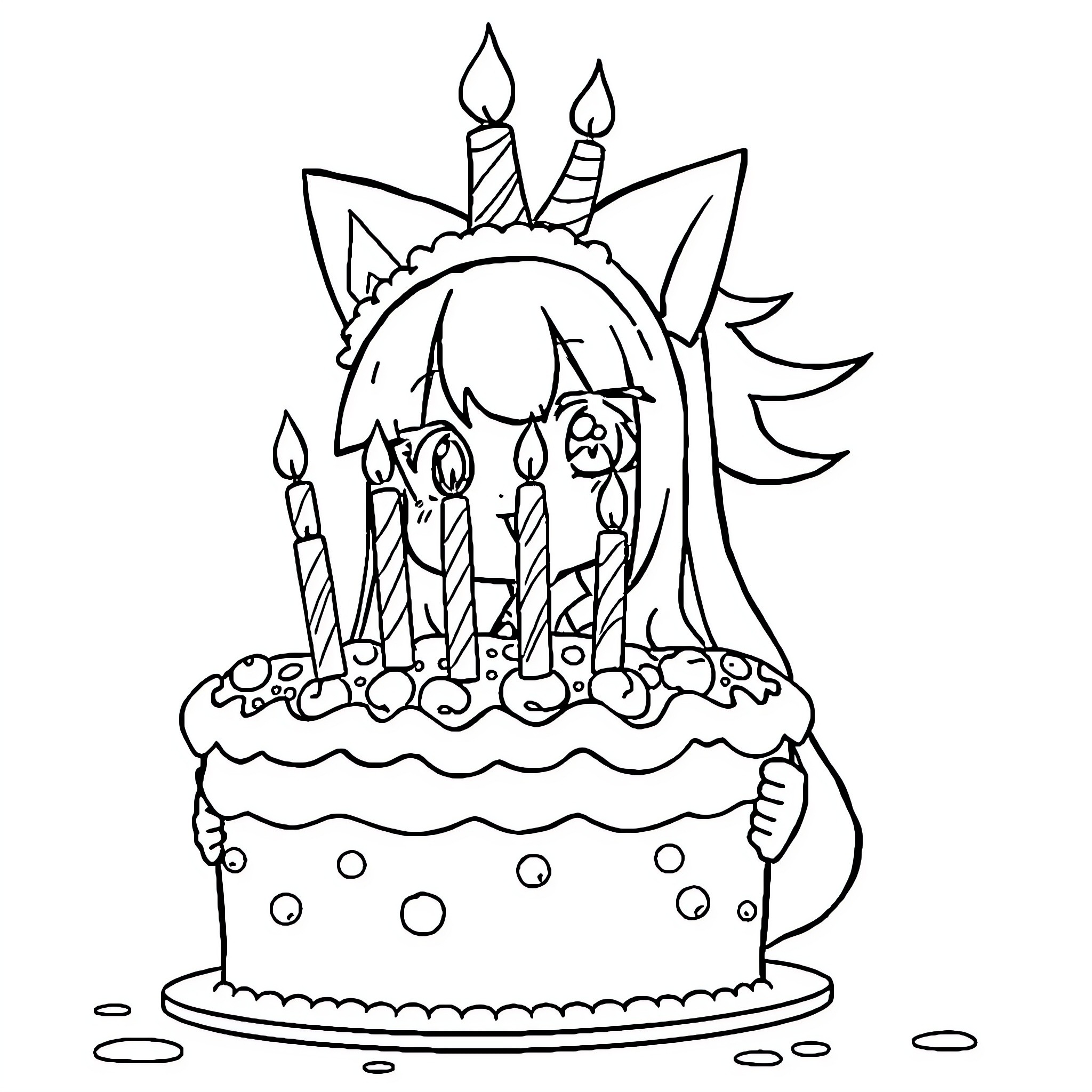 Kuromi celebrates birthday with cake and candles Coloring Page (free black-and-white line drawing printable PDF for all, from beginners to advanced learners, including children, teens, adults, and seniors)