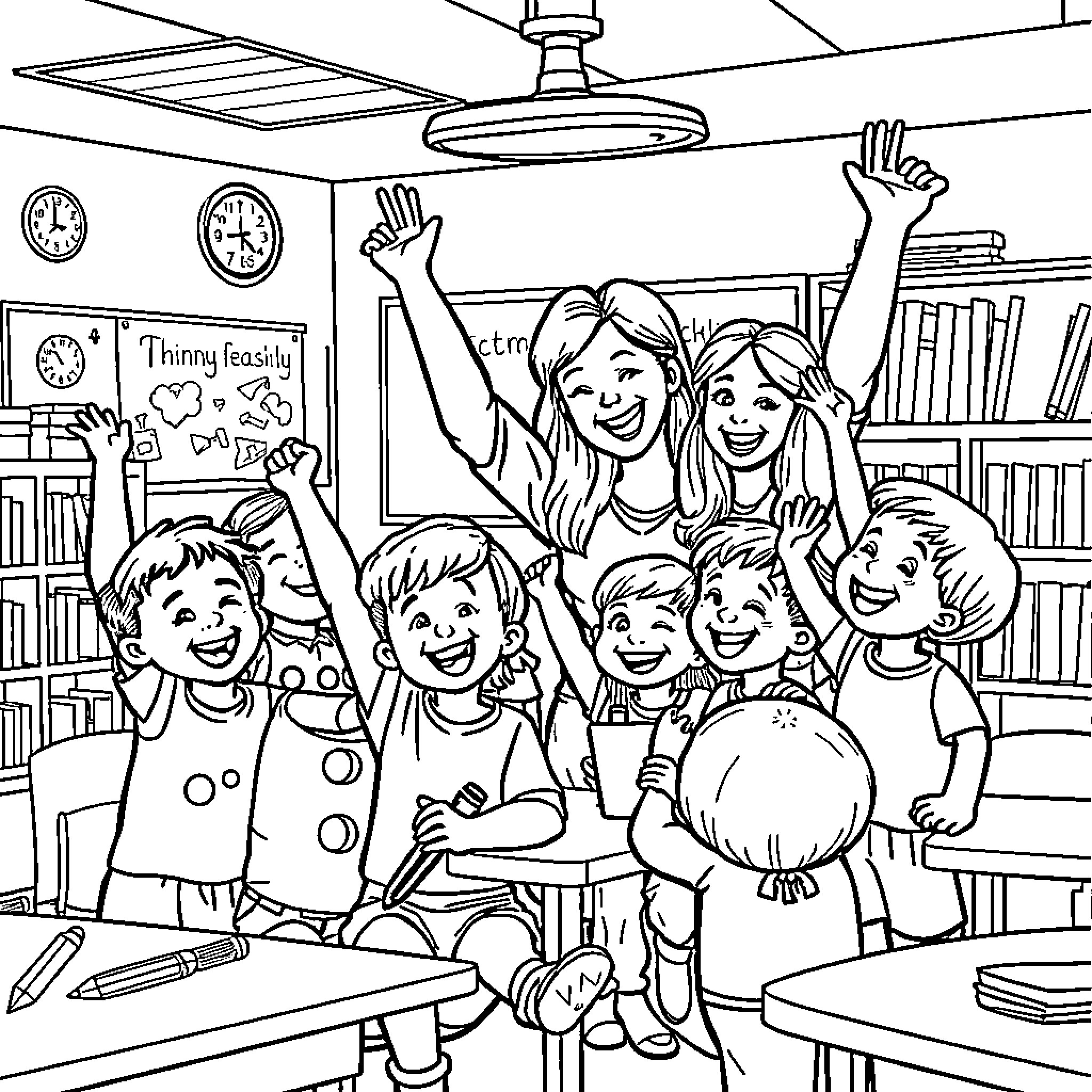 Teacher Engaging Students with Enthusiasm in Classroom Coloring Page (free black-and-white line drawing printable PDF for all, from beginners to advanced learners, including children, teens, adults, and seniors)
