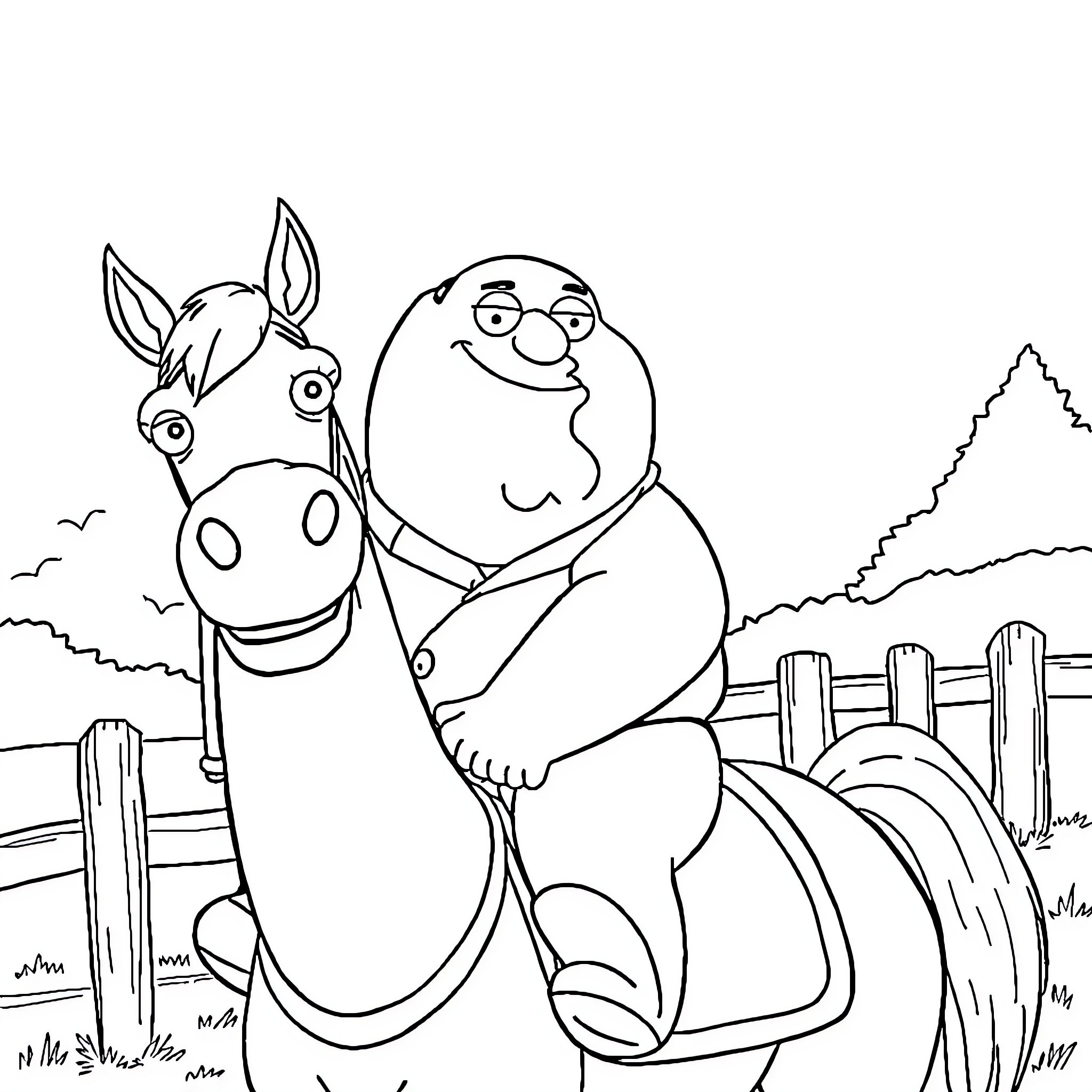 Peter Griffin rides a donkey in the countryside Coloring Page (free black-and-white line drawing printable PDF for all, from beginners to advanced learners, including children, teens, adults, and seniors)