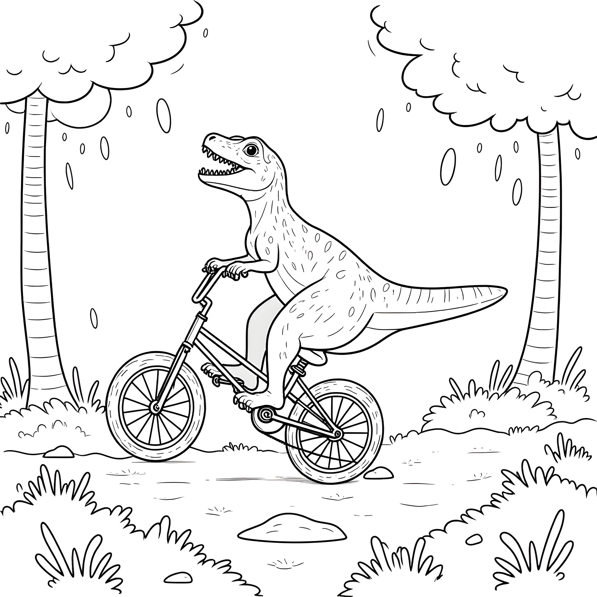 Dinosaur rides bicycle through forest Coloring Page (free black-and-white line drawing printable PDF for all, from beginners to advanced learners, including children, teens, adults, and seniors)