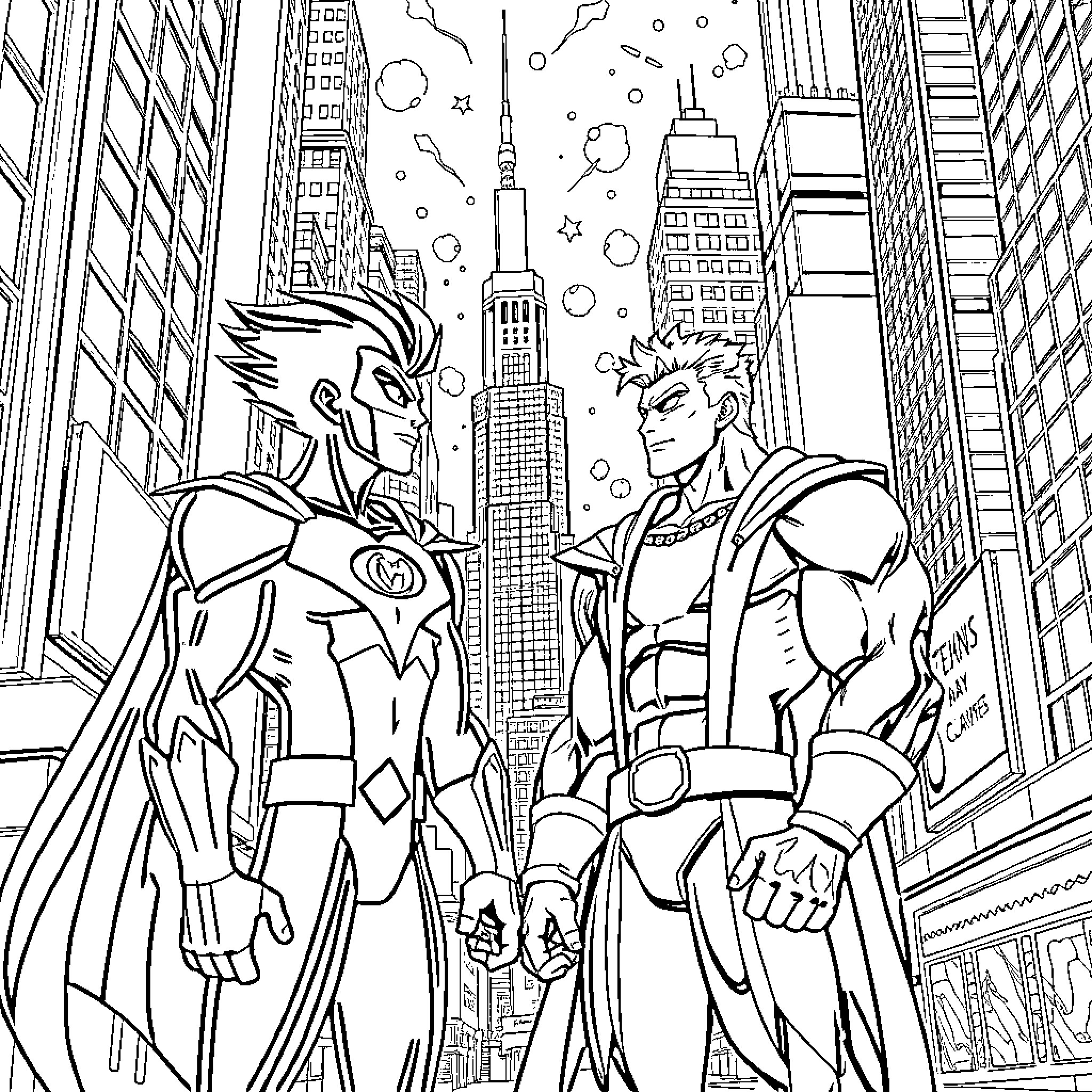 Teen Titans exploring the city skyline Coloring Page (free black-and-white line drawing printable PDF for all, from beginners to advanced learners, including children, teens, adults, and seniors)
