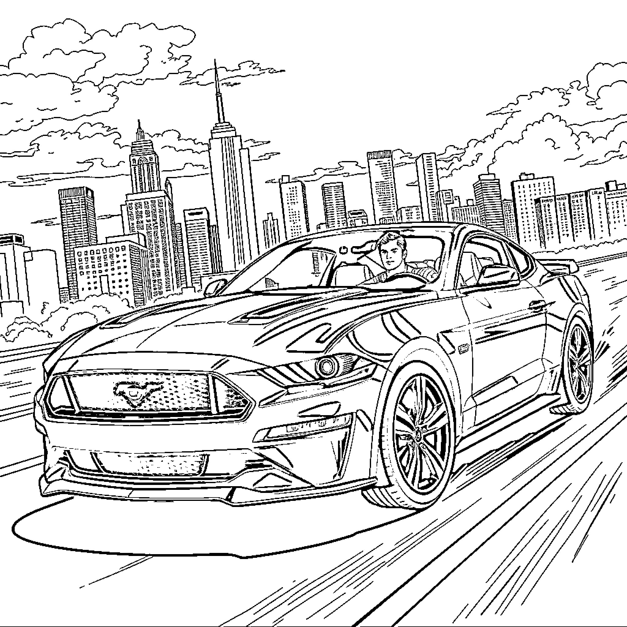 Superman driving sports car through modern city Coloring Page (free black-and-white line drawing printable PDF for all, from beginners to advanced learners, including children, teens, adults, and seniors)