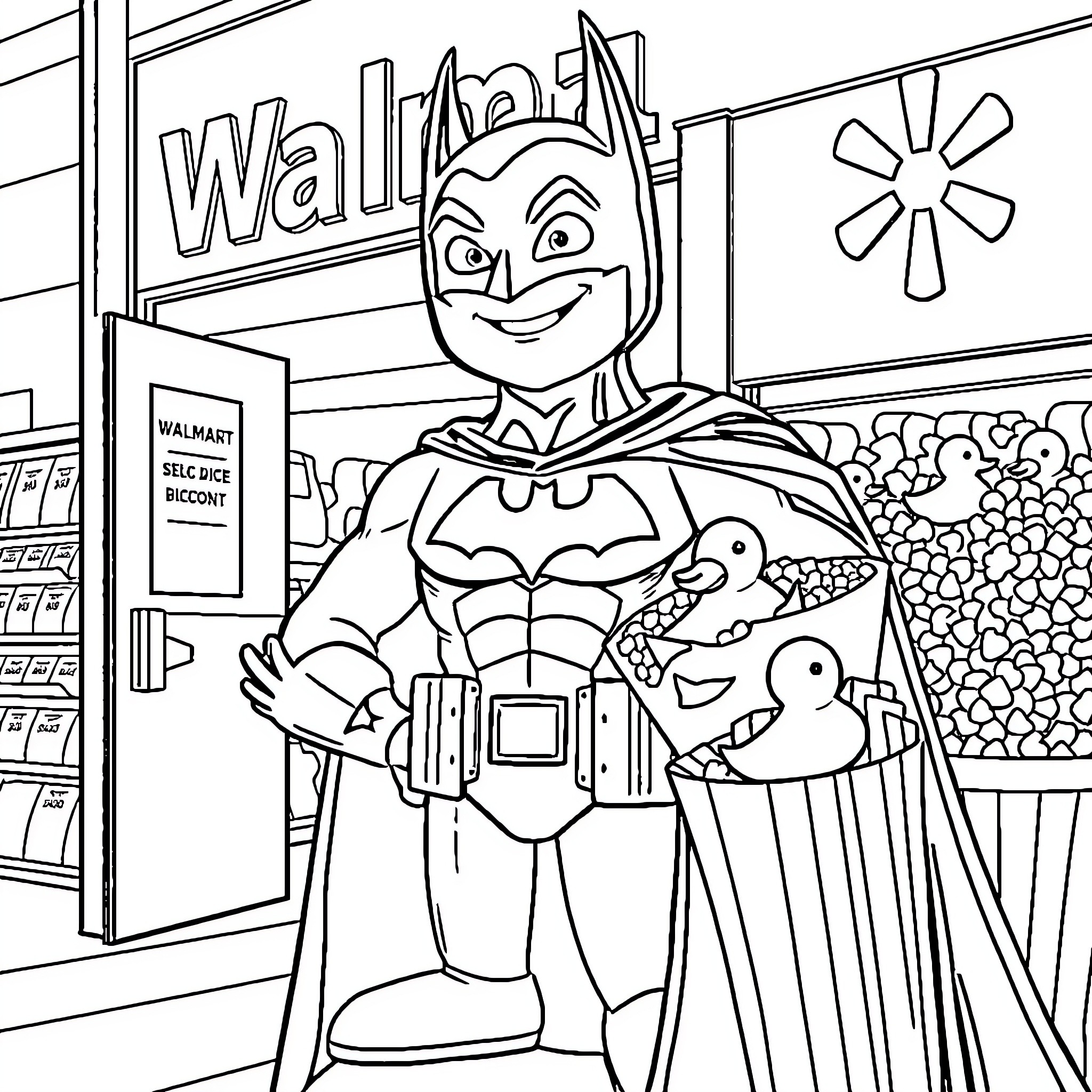 Batman shopping happily at Walmart store Coloring Page (free black-and-white line drawing printable PDF for all, from beginners to advanced learners, including children, teens, adults, and seniors)