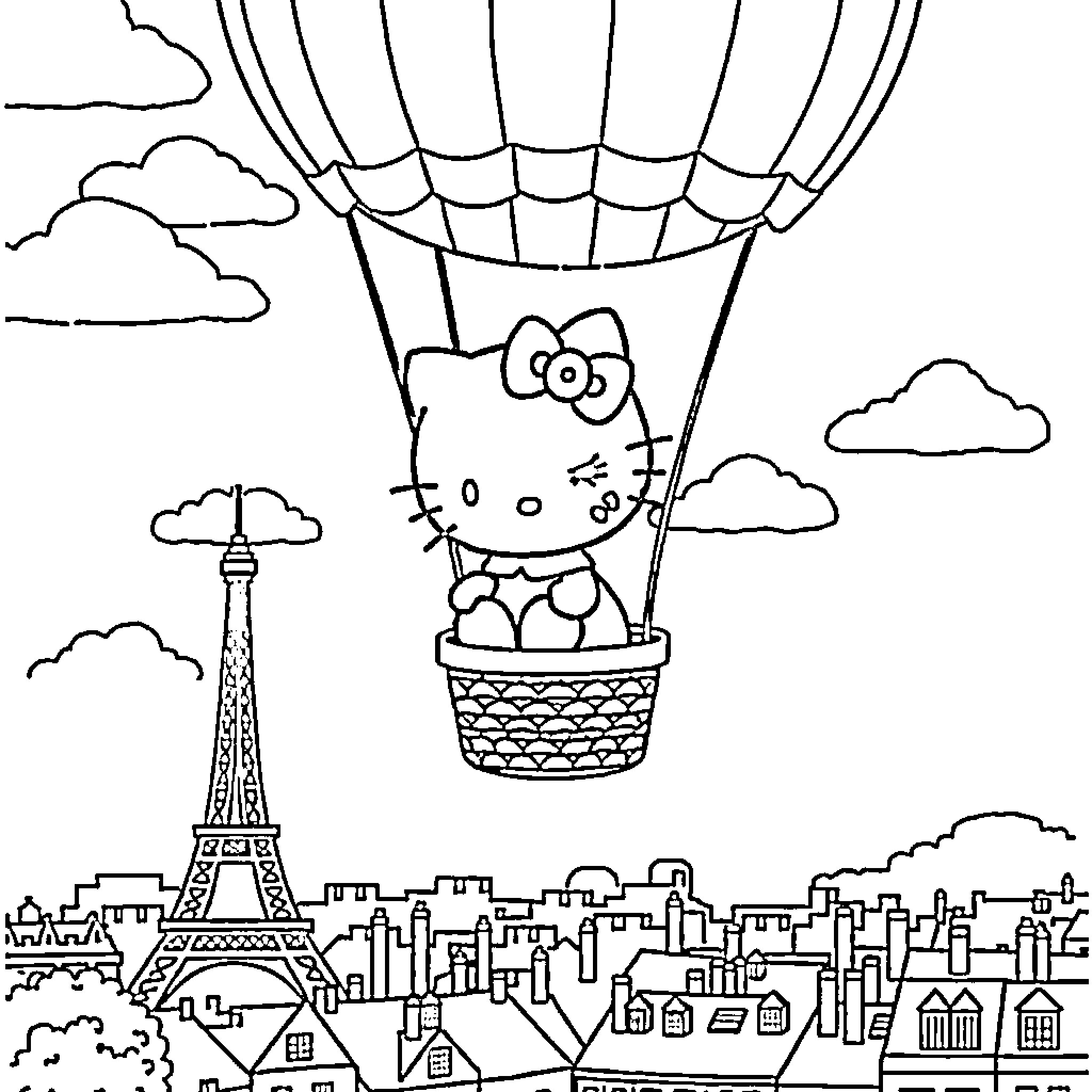 Hello Kitty in a hot air balloon over Paris Coloring Page (free black-and-white line drawing printable PDF for all, from beginners to advanced learners, including children, teens, adults, and seniors)