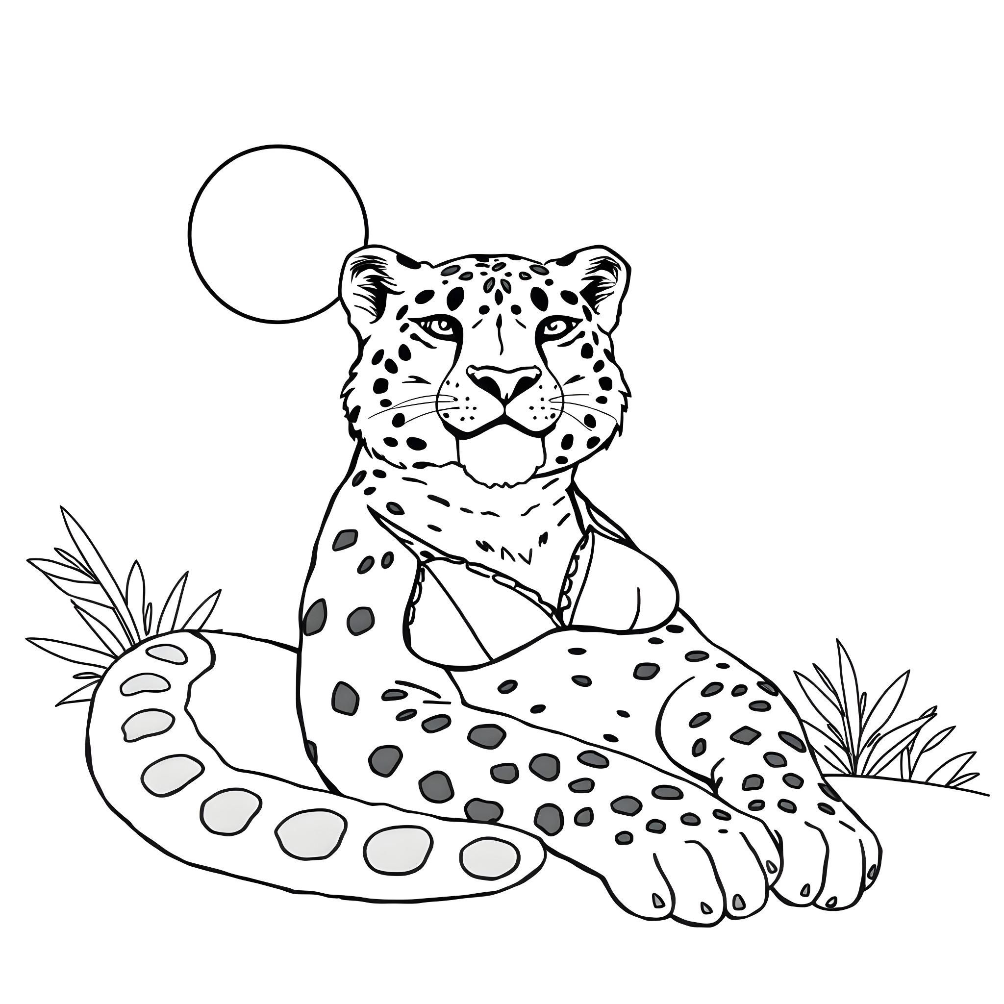 Snow Leopard resting in nature Coloring Page (free black-and-white line drawing printable PDF for all, from beginners to advanced learners, including children, teens, adults, and seniors)