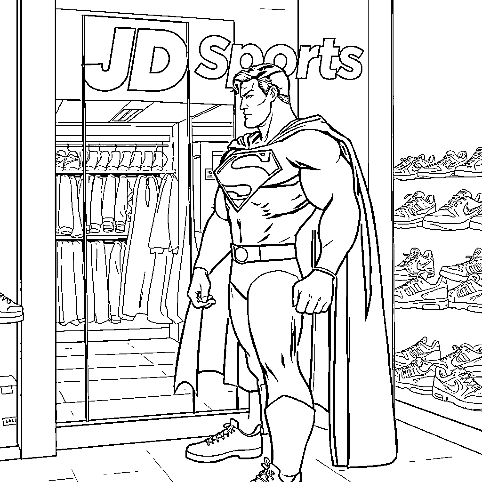 Superman shopping at sports store Coloring Page (free black-and-white line drawing printable PDF for all, from beginners to advanced learners, including children, teens, adults, and seniors)