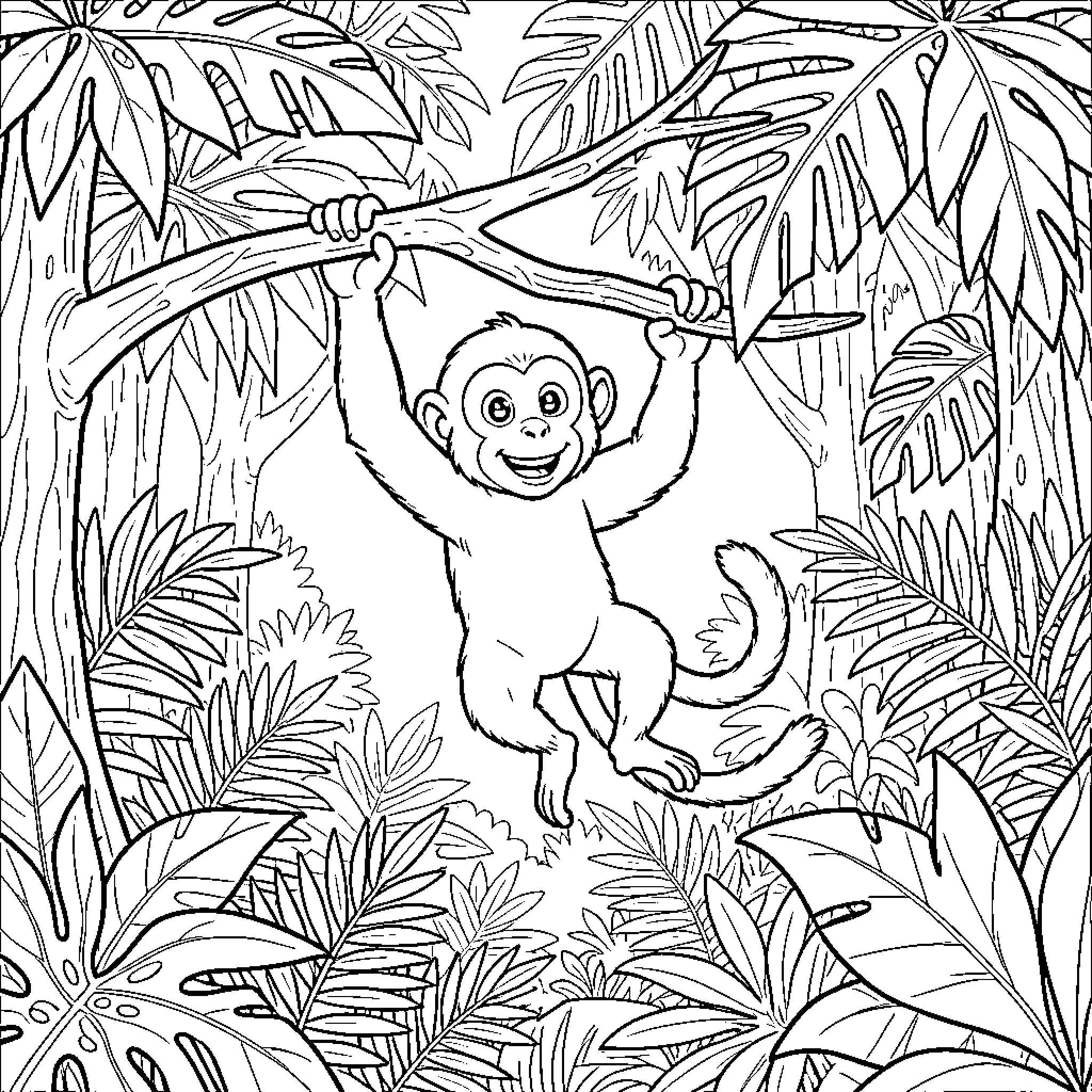 Monkey swinging joyfully in the lush jungle Coloring Page (free black-and-white line drawing printable PDF for all, from beginners to advanced learners, including children, teens, adults, and seniors)