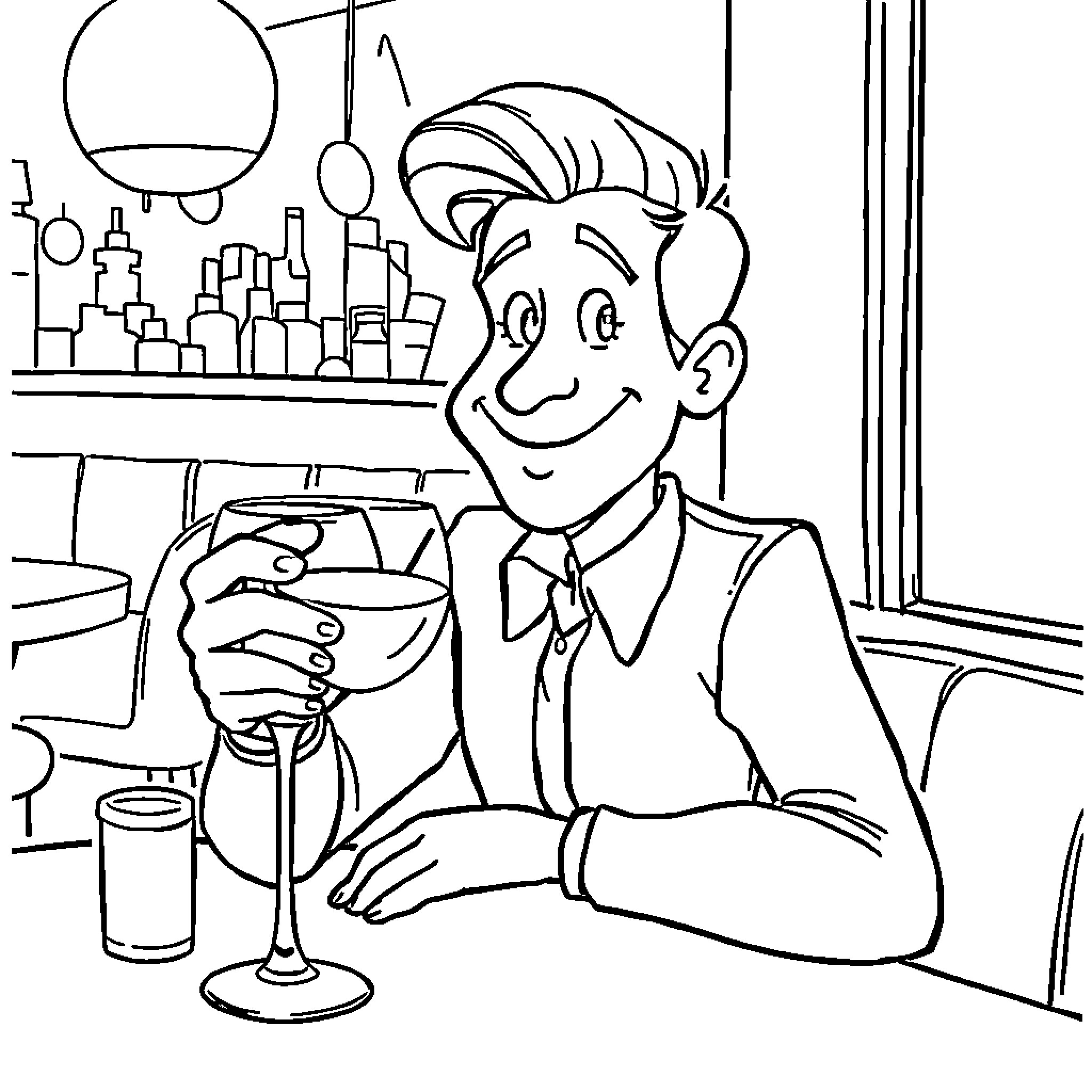 Martine enjoying a glass of wine at the bar Coloring Page (free black-and-white line drawing printable PDF for all, from beginners to advanced learners, including children, teens, adults, and seniors)