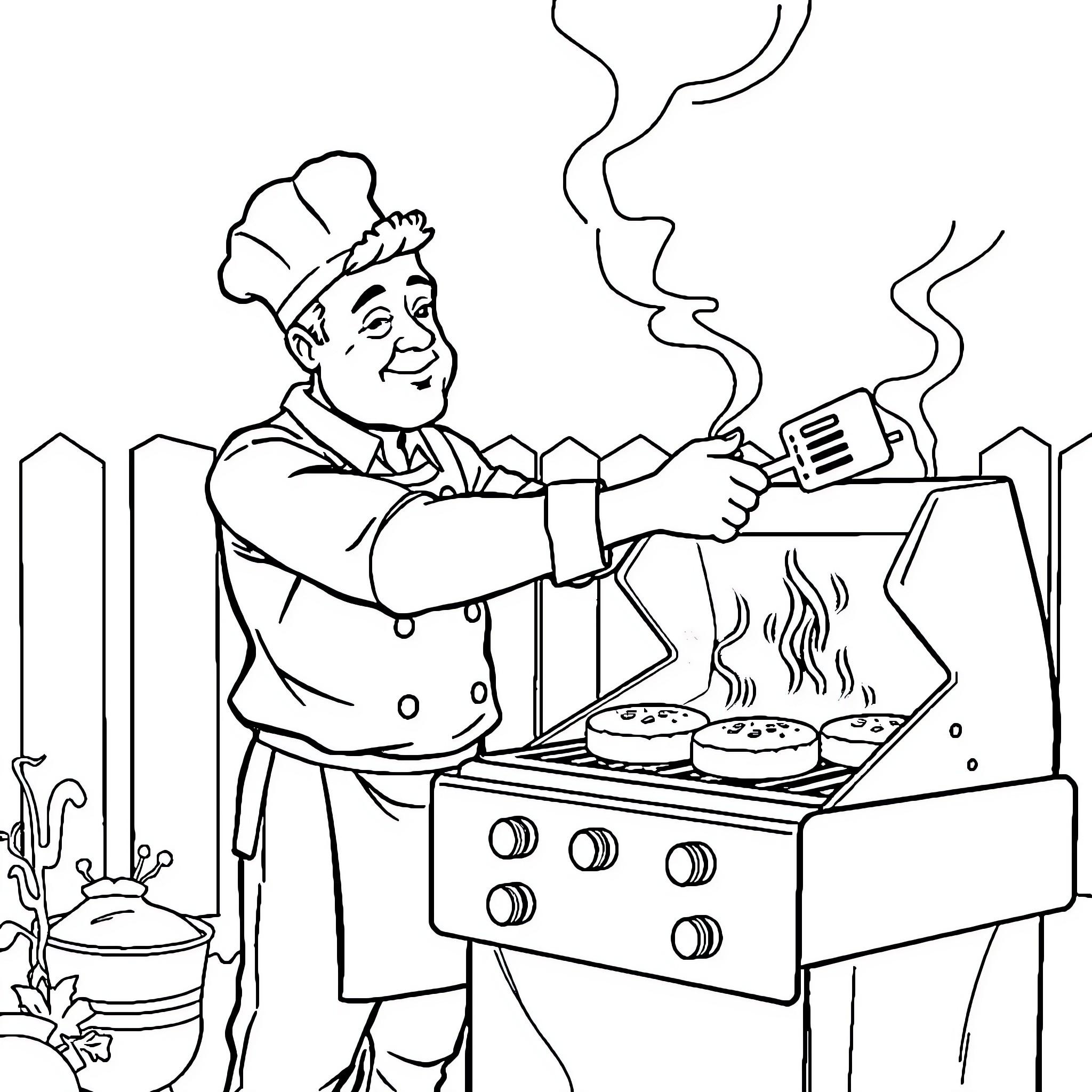 James Cook Cooking Delicious Meal in Kitchen Coloring Page (free black-and-white line drawing printable PDF for all, from beginners to advanced learners, including children, teens, adults, and seniors)
