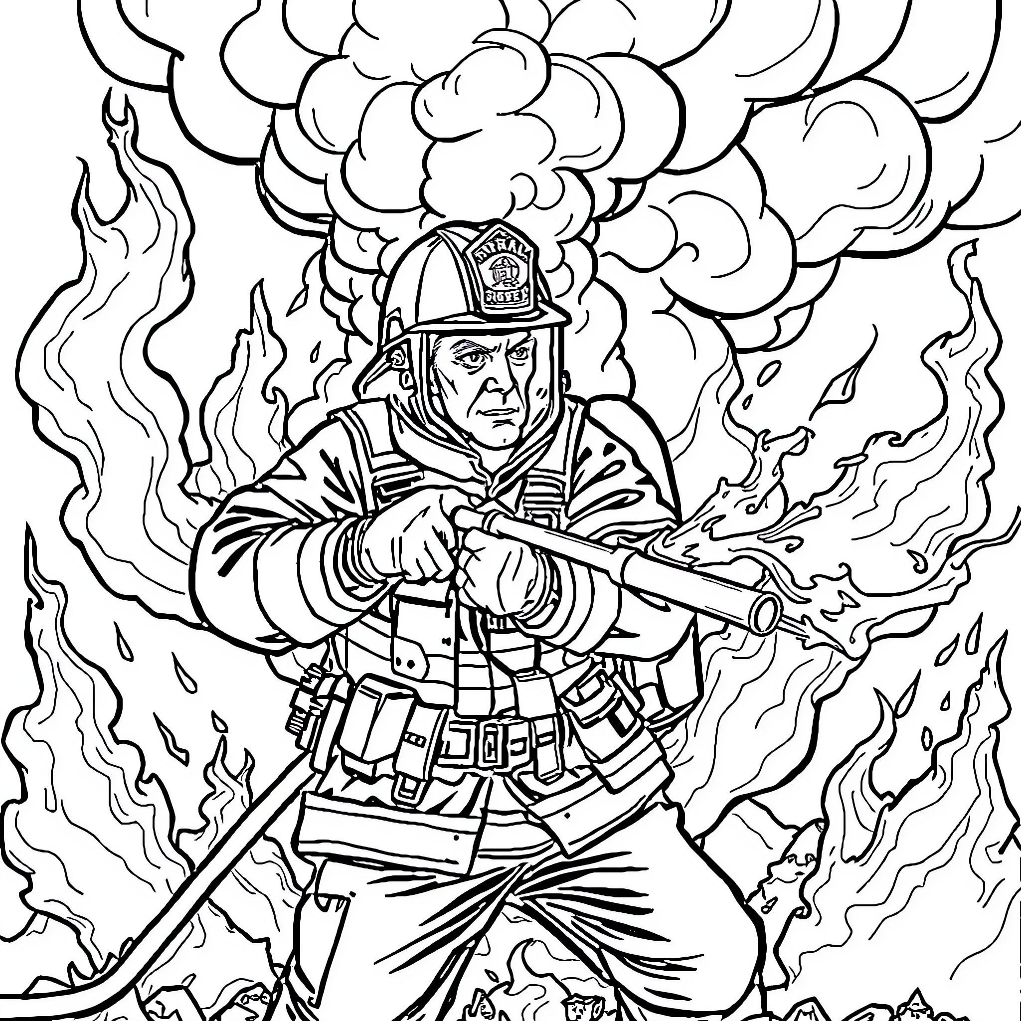 Firefighter battling flames with courage and determination Coloring Page (free black-and-white line drawing printable PDF for all, from beginners to advanced learners, including children, teens, adults, and seniors)
