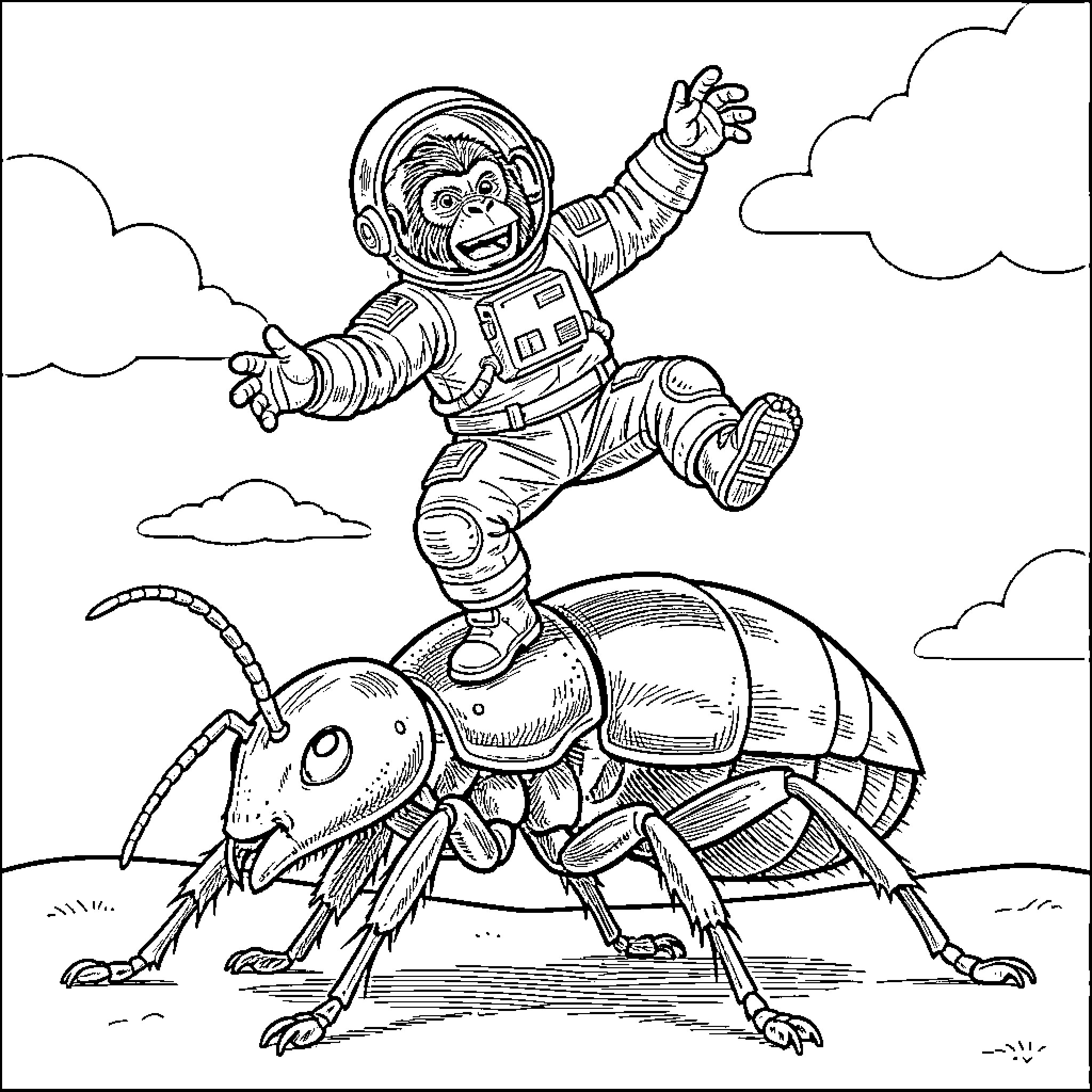 Ape Astronaut Riding Giant Insect in Outer Space Coloring Page (free black-and-white line drawing printable PDF for all, from beginners to advanced learners, including children, teens, adults, and seniors)