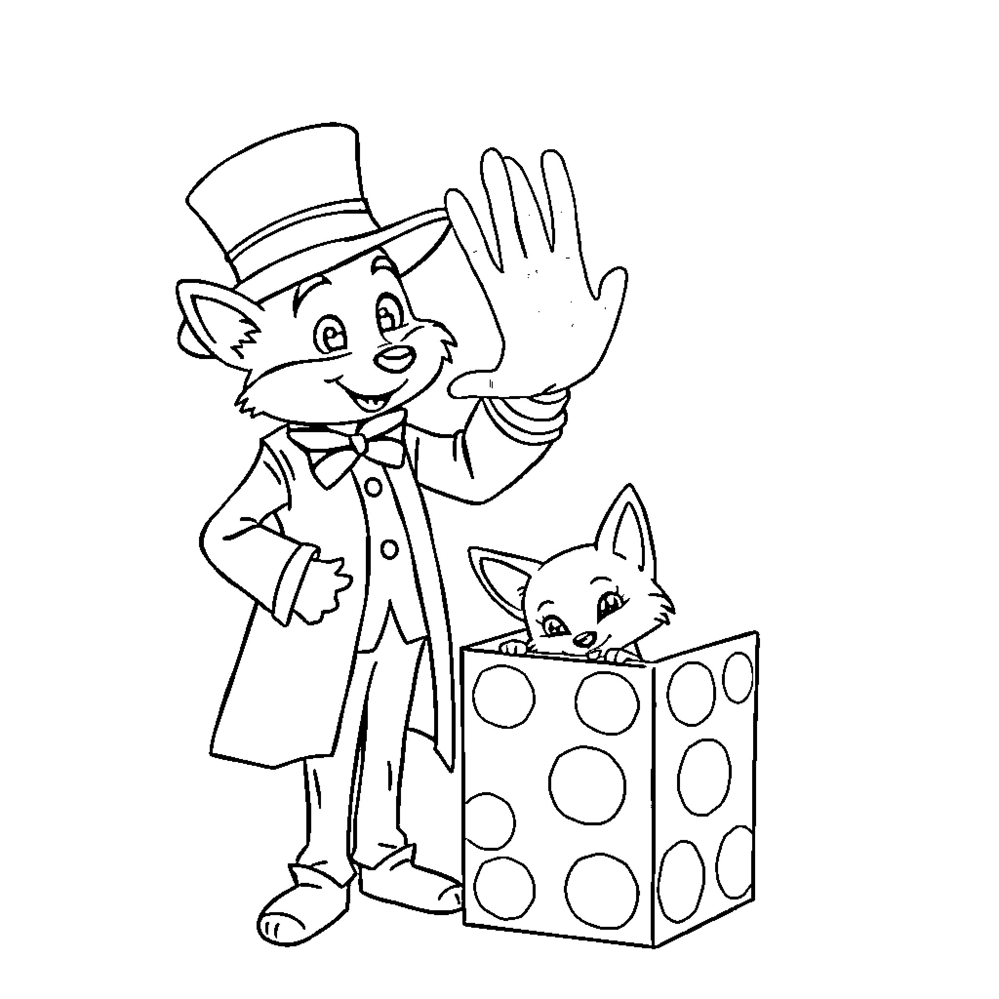 Fox magician performing tricks with his cat assistant Coloring Page (free black-and-white line drawing printable PDF for all, from beginners to advanced learners, including children, teens, adults, and seniors)