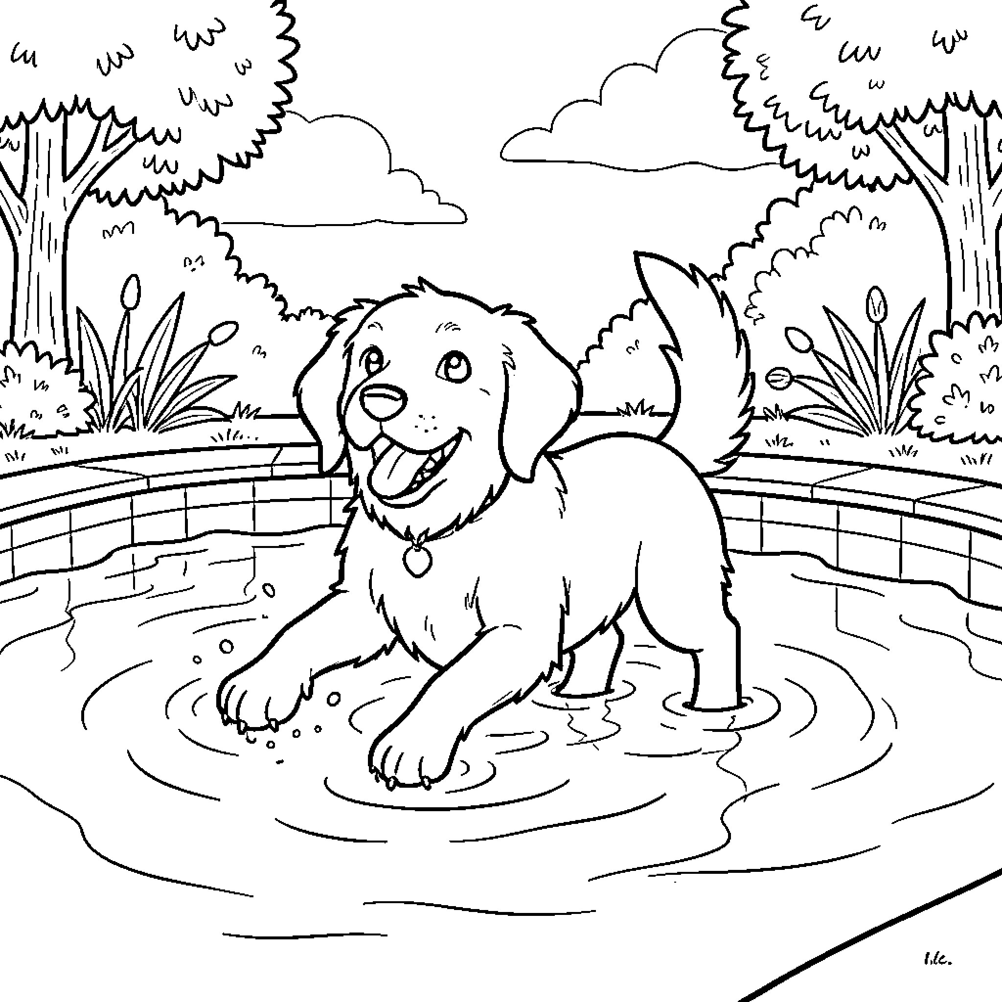 Dog splashing joyfully in a small swimming pool Coloring Page (free black-and-white line drawing printable PDF for all, from beginners to advanced learners, including children, teens, adults, and seniors)