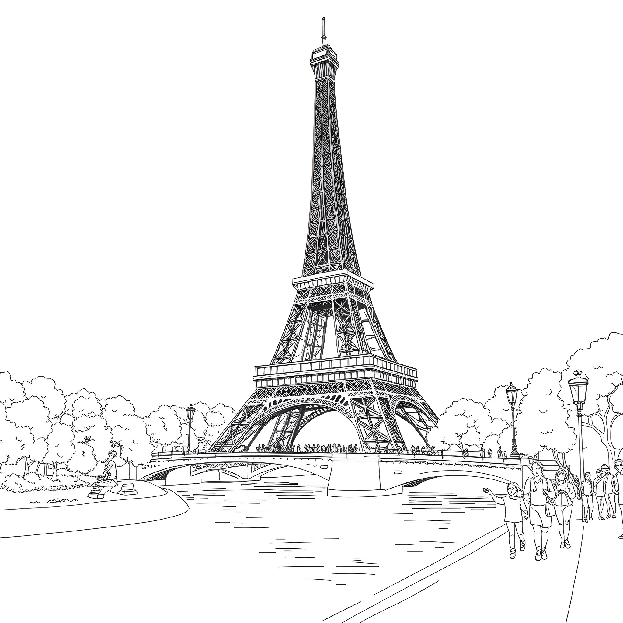 Eiffel Tower in the city landscape Coloring Page (free black-and-white line drawing printable PDF for all, from beginners to advanced learners, including children, teens, adults, and seniors)