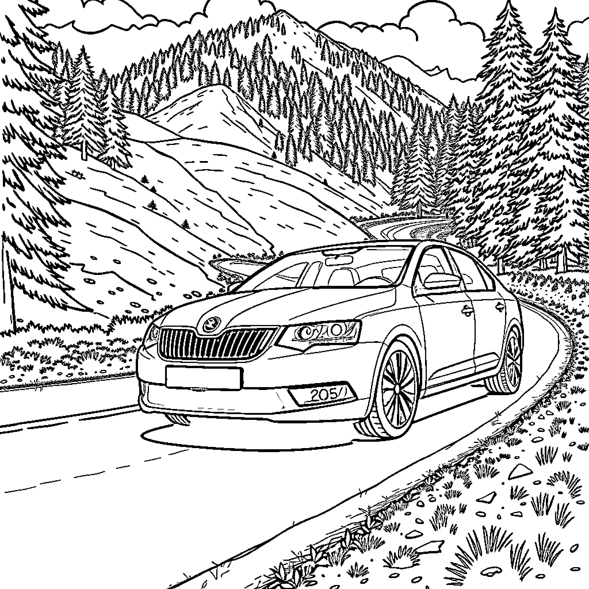 Skoda car in snowy mountain landscape Coloring Page (free black-and-white line drawing printable PDF for all, from beginners to advanced learners, including children, teens, adults, and seniors)