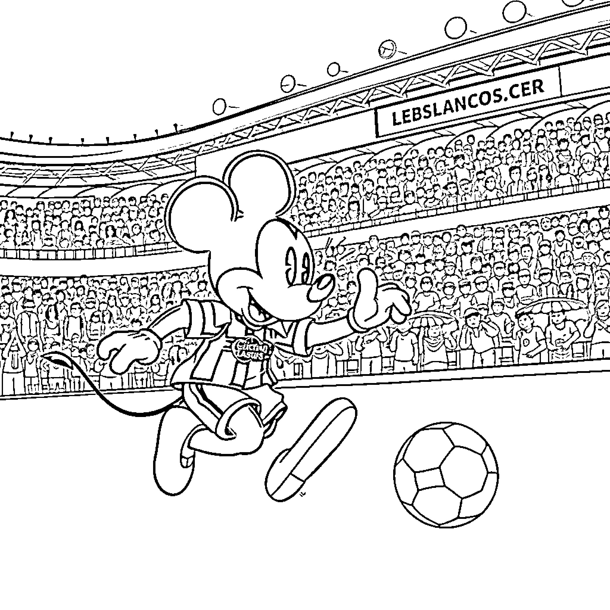 Mickey playing football in the stadium Coloring Page (free black-and-white line drawing printable PDF for all, from beginners to advanced learners, including children, teens, adults, and seniors)
