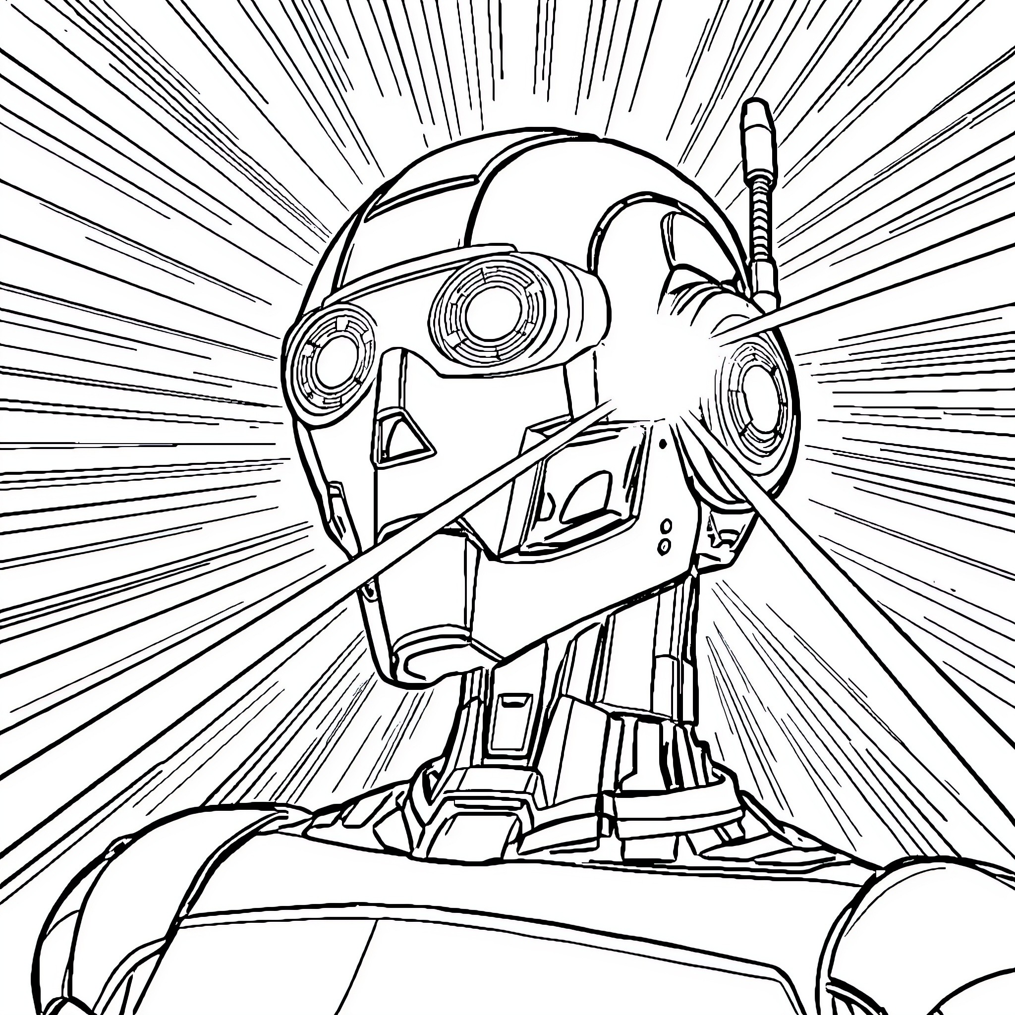 Robot in an energized pose Coloring Page (free black-and-white line drawing printable PDF for all, from beginners to advanced learners, including children, teens, adults, and seniors)