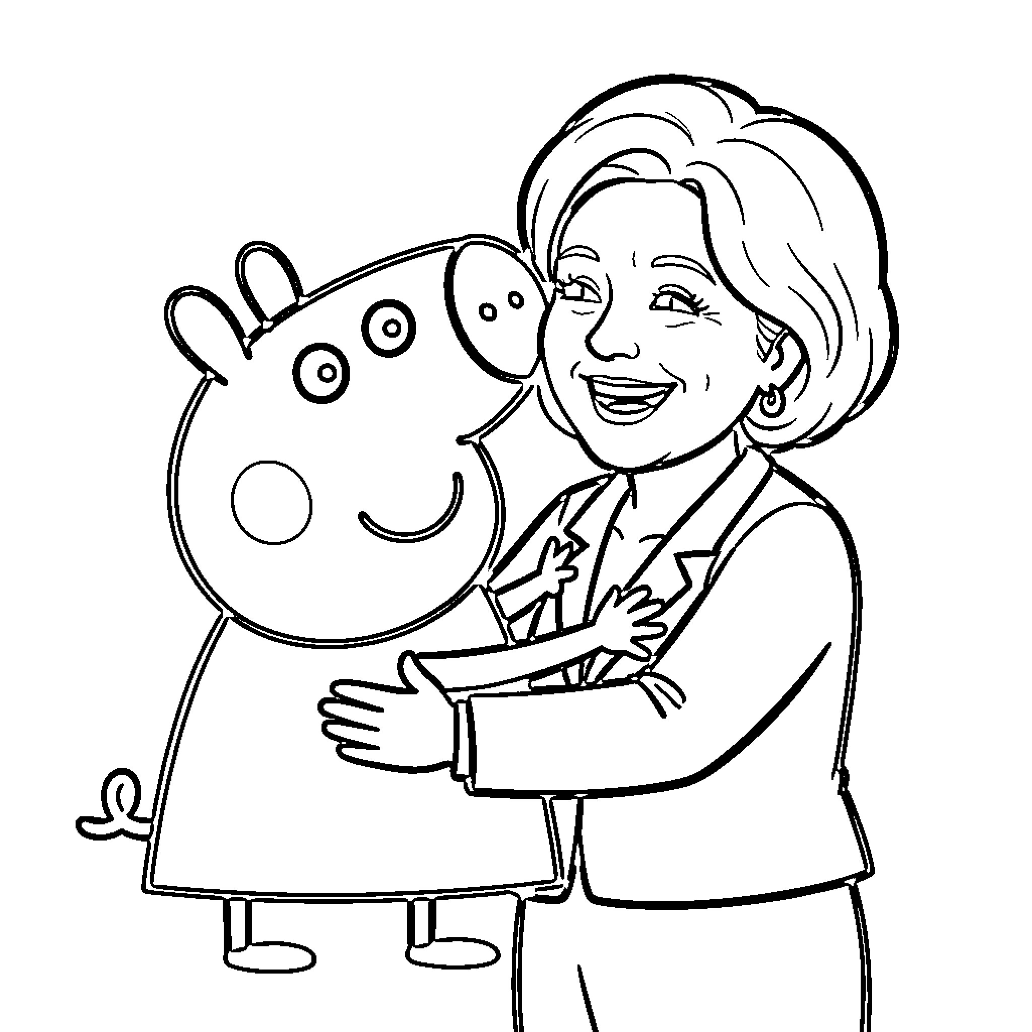 Peppa Pig character with a woman in a suit Coloring Page (free black-and-white line drawing printable PDF for all, from beginners to advanced learners, including children, teens, adults, and seniors)