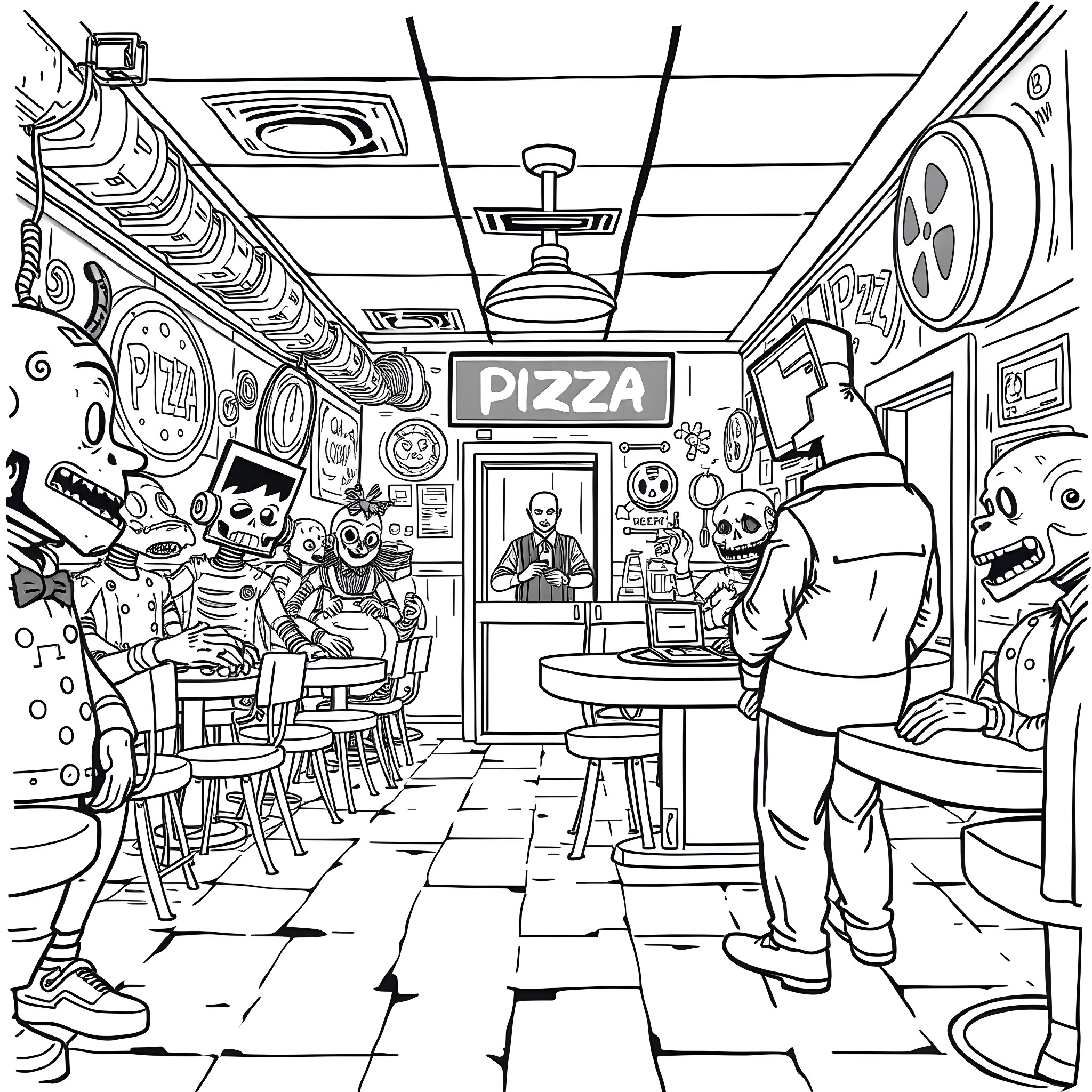 FNAF: Eerie Figures Haunt a Lively Pizza Parlor Coloring Page (free black-and-white line drawing printable PDF for all, from beginners to advanced learners, including children, teens, adults, and seniors)