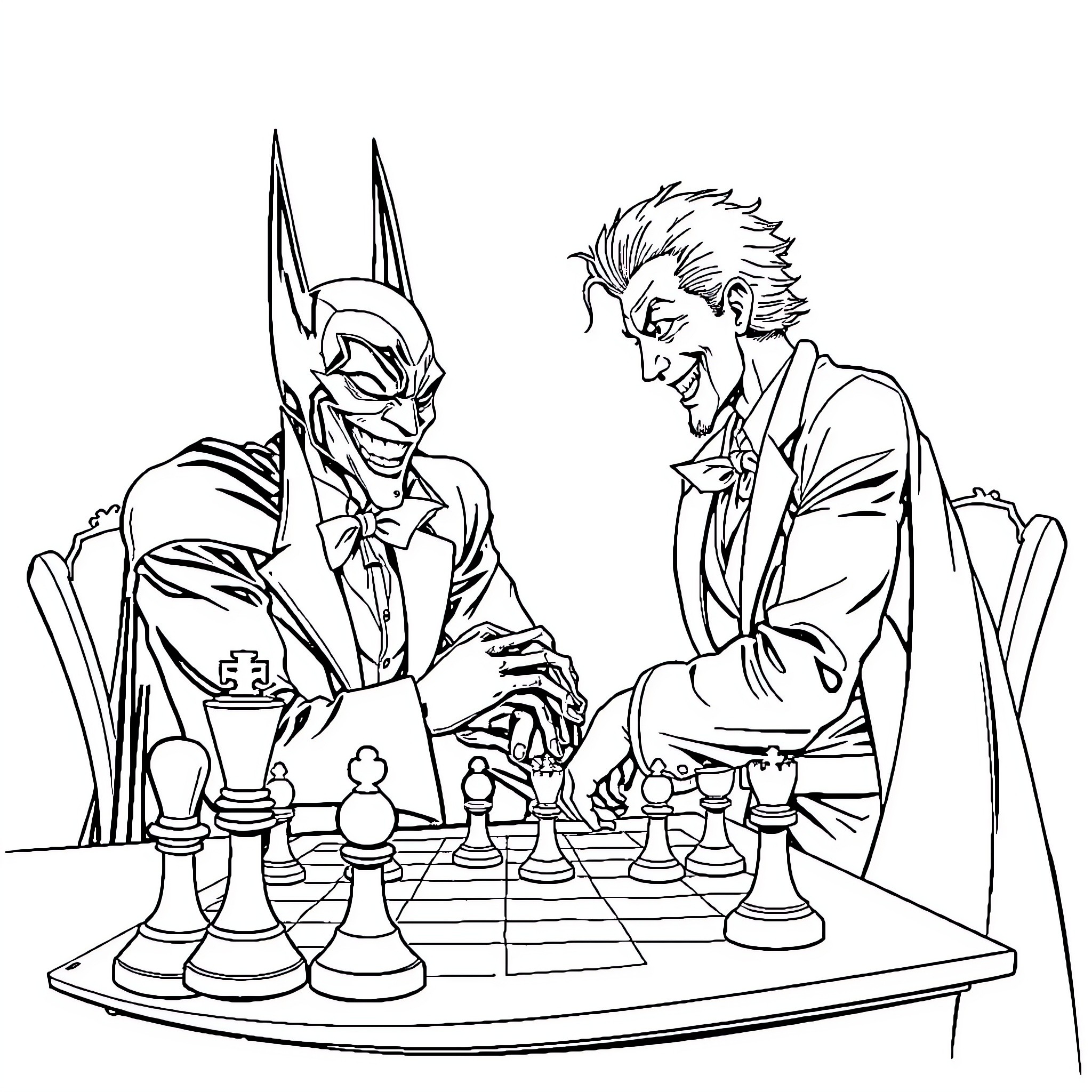 Joker Challenging Opponent in Chess Match Coloring Page (free black-and-white line drawing printable PDF for all, from beginners to advanced learners, including children, teens, adults, and seniors)
