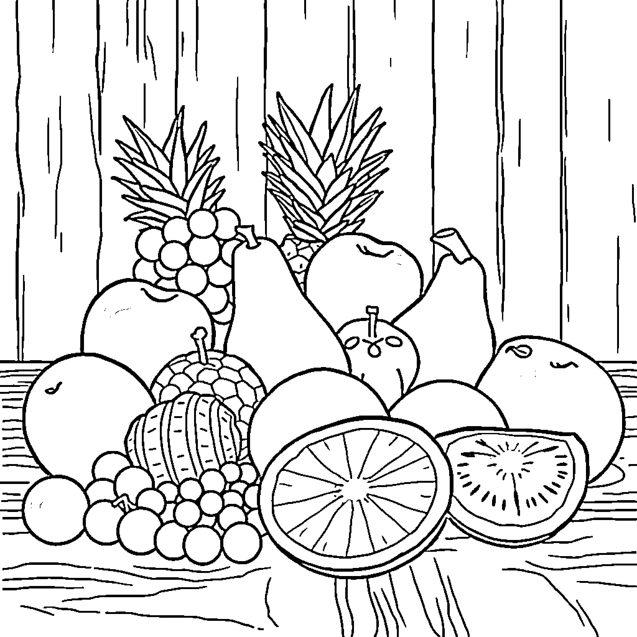 Fruit still life on wooden table Coloring Page (free black-and-white line drawing printable PDF for all, from beginners to advanced learners, including children, teens, adults, and seniors)