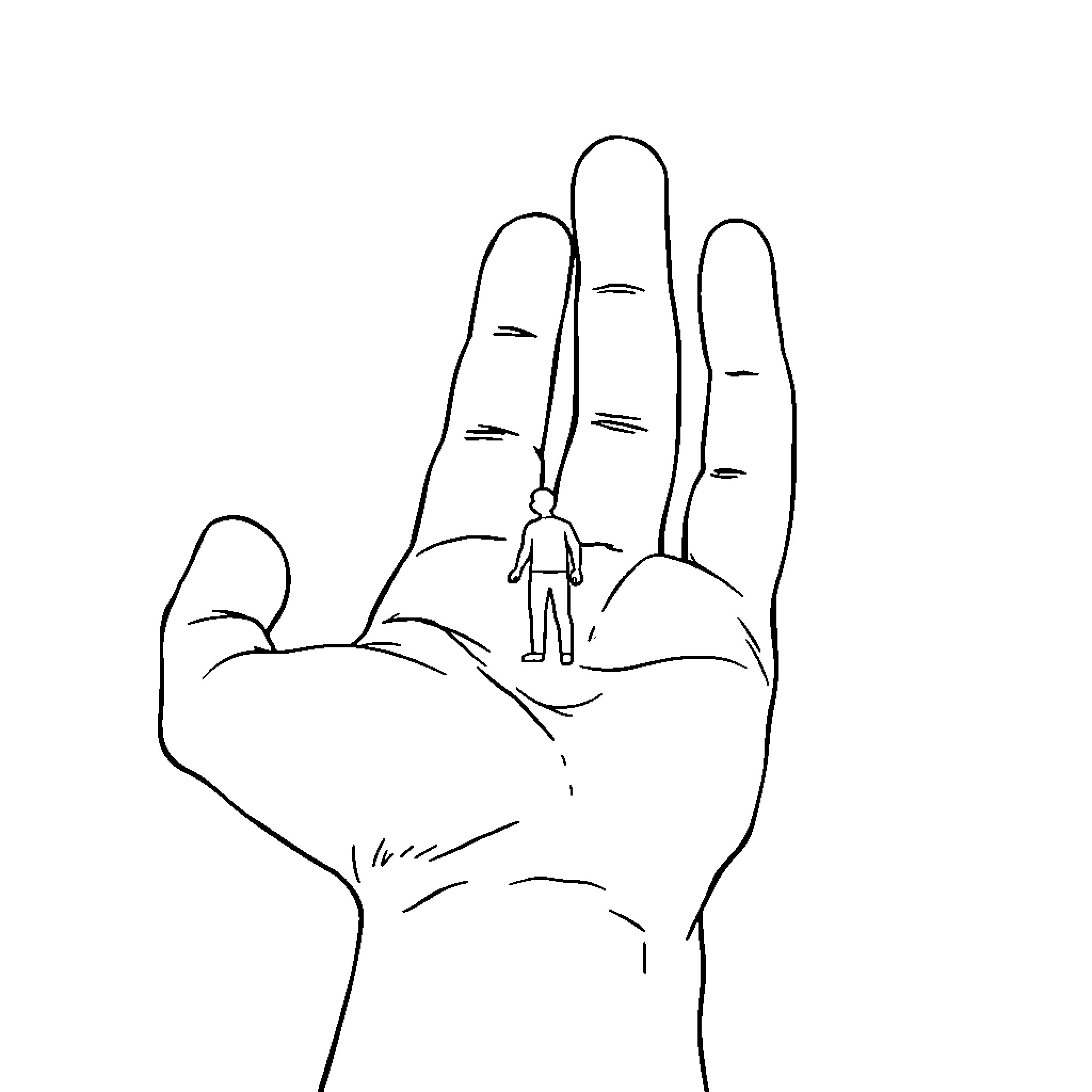 Hand offering protection to small figure Coloring Page (free black-and-white line drawing printable PDF for all, from beginners to advanced learners, including children, teens, adults, and seniors)