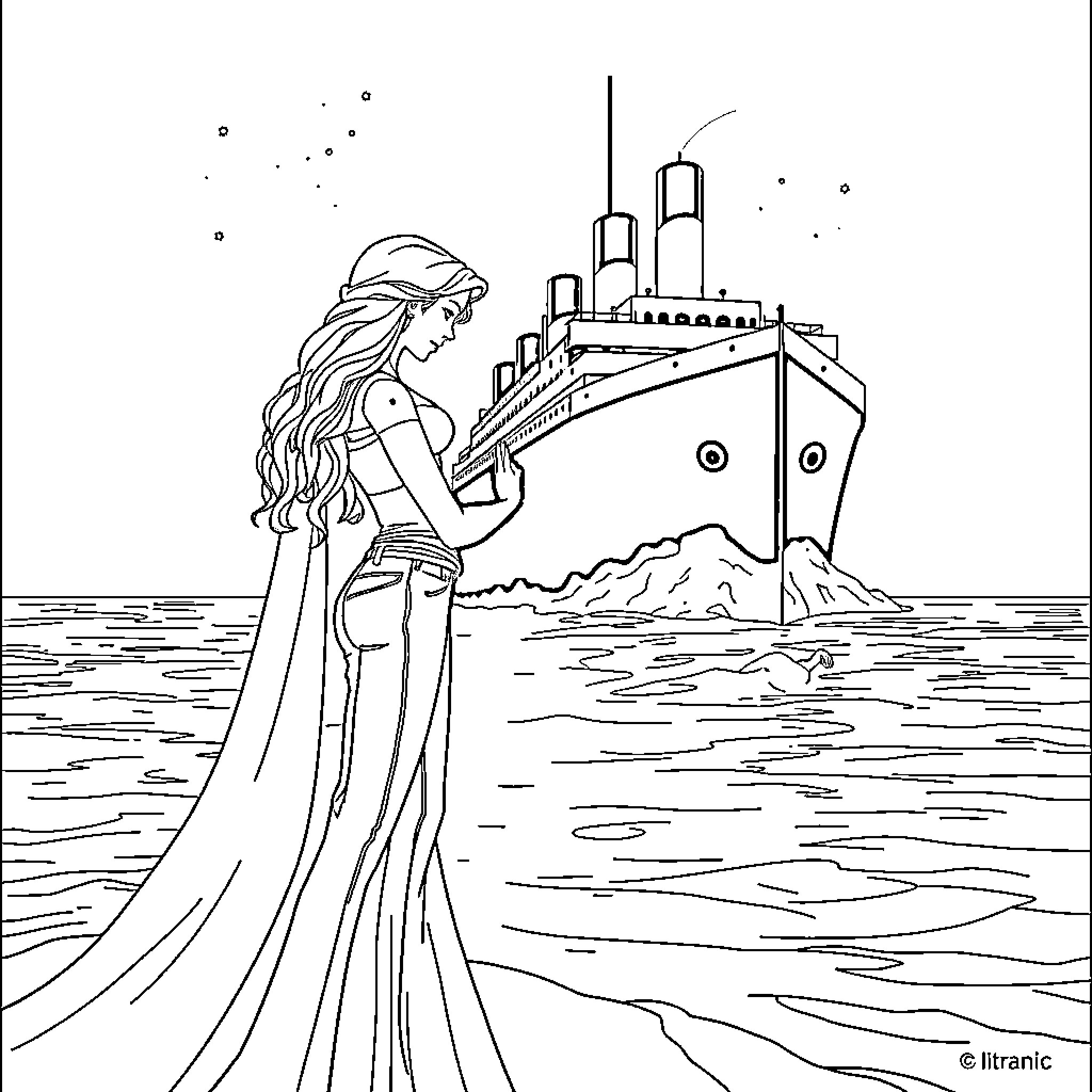 Reine des Neiges: Woman in Flowing Dress Stands by Cruise Ship Coloring Page (free black-and-white line drawing printable PDF for all, from beginners to advanced learners, including children, teens, adults, and seniors)