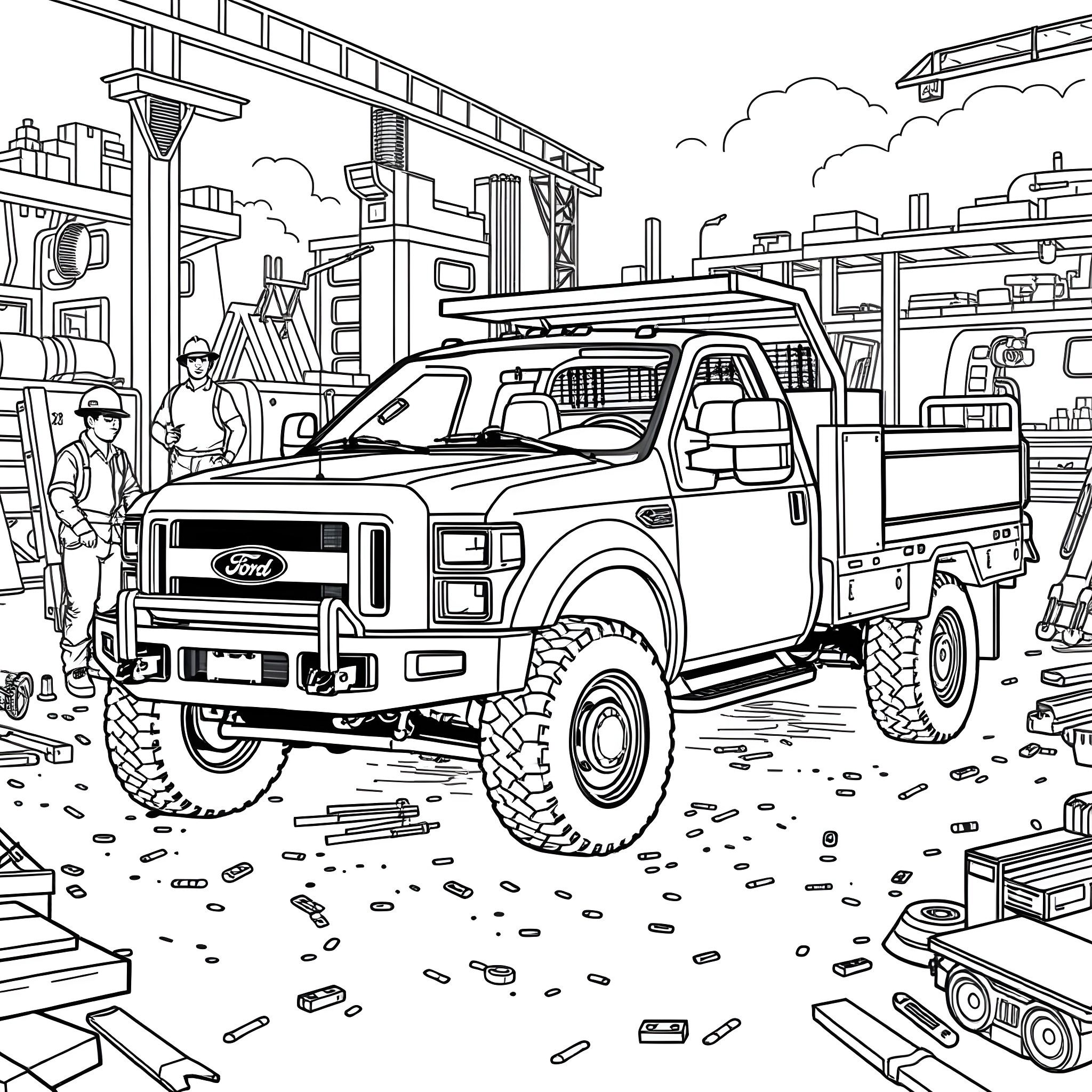 Ford Truck Navigating Construction Site Coloring Page (free black-and-white line drawing printable PDF for all, from beginners to advanced learners, including children, teens, adults, and seniors)