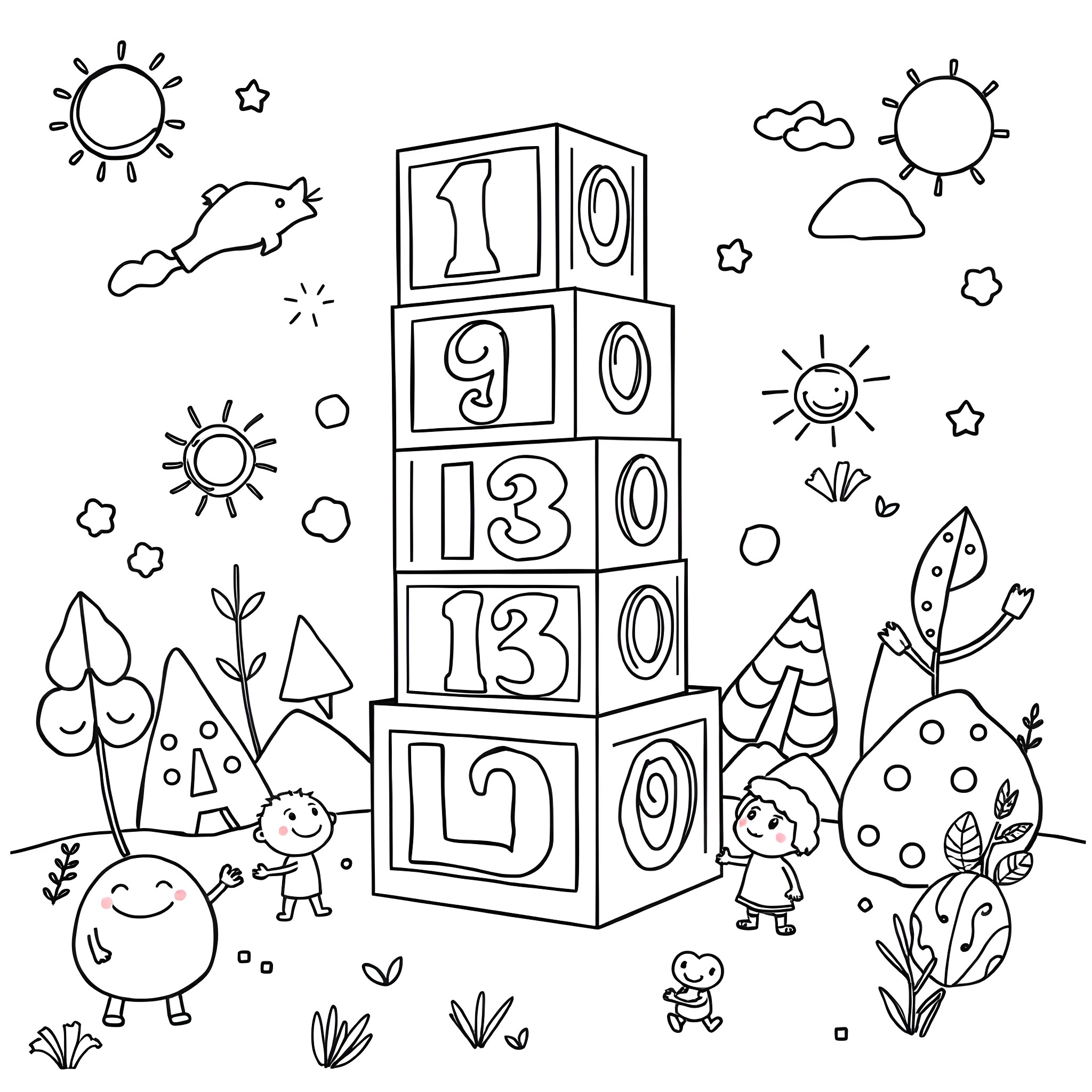 Number Blocks with Playful Characters in Whimsical Nature Coloring Page (free black-and-white line drawing printable PDF for all, from beginners to advanced learners, including children, teens, adults, and seniors)