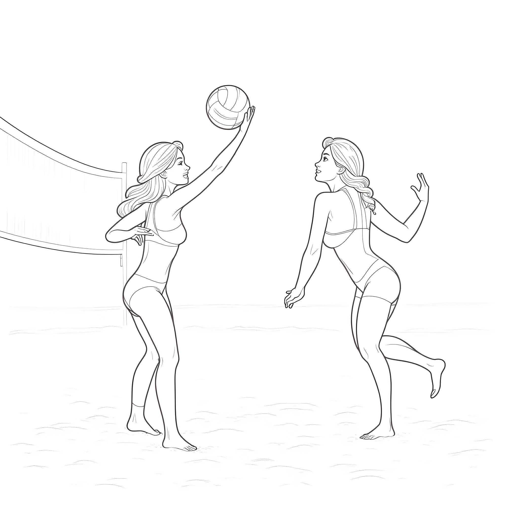 Anna and Elsa playing volleyball on the beach Coloring Page (free black-and-white line drawing printable PDF for all, from beginners to advanced learners, including children, teens, adults, and seniors)