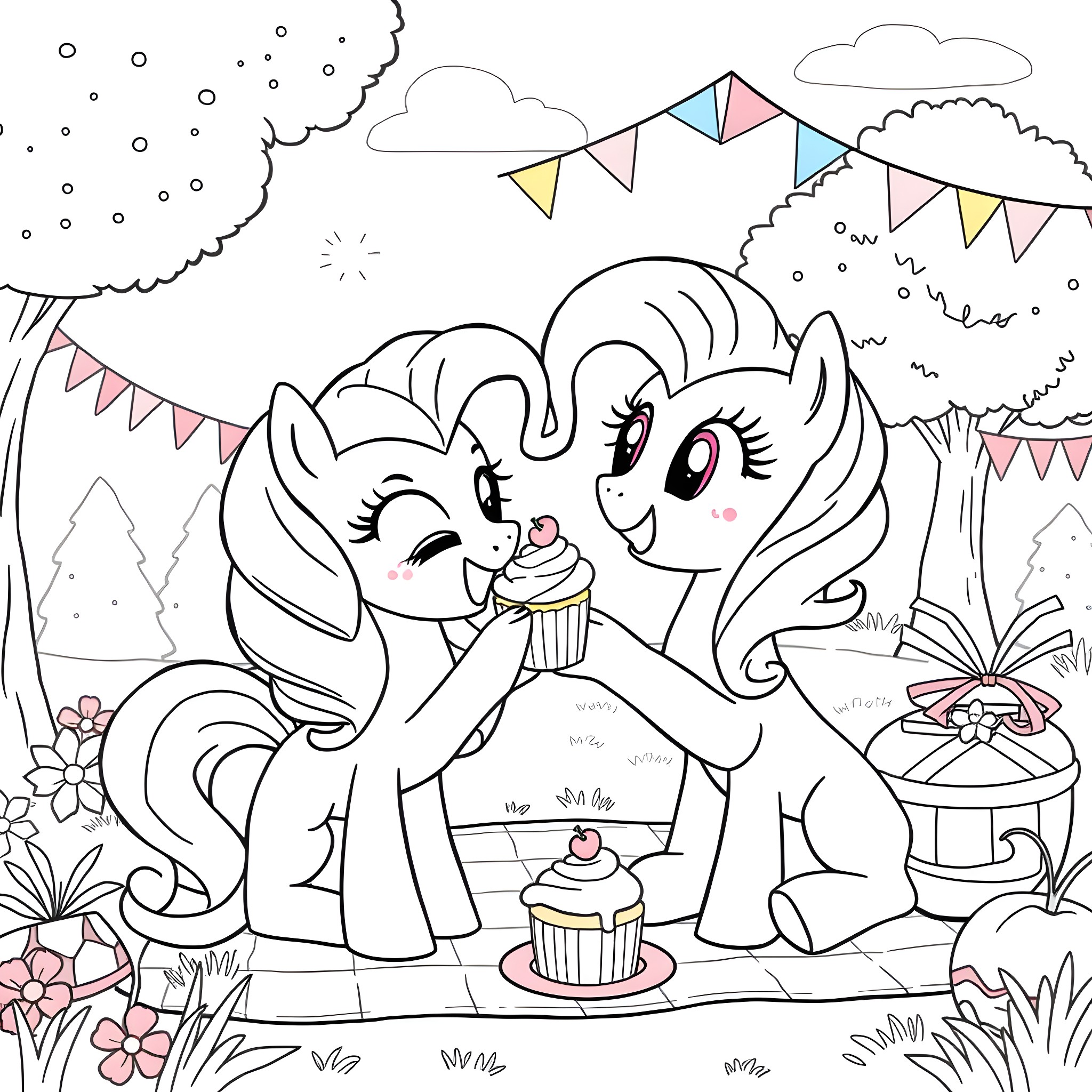 Pinkie Pie and friends enjoying a party in the park Coloring Page (free black-and-white line drawing printable PDF for all, from beginners to advanced learners, including children, teens, adults, and seniors)