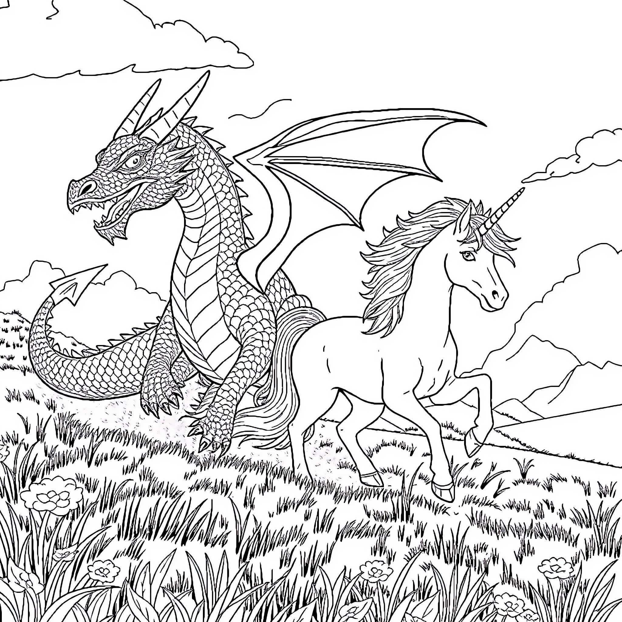 Dragon and Unicorn in Mystical Landscape Coloring Page (free black-and-white line drawing printable PDF for all, from beginners to advanced learners, including children, teens, adults, and seniors)