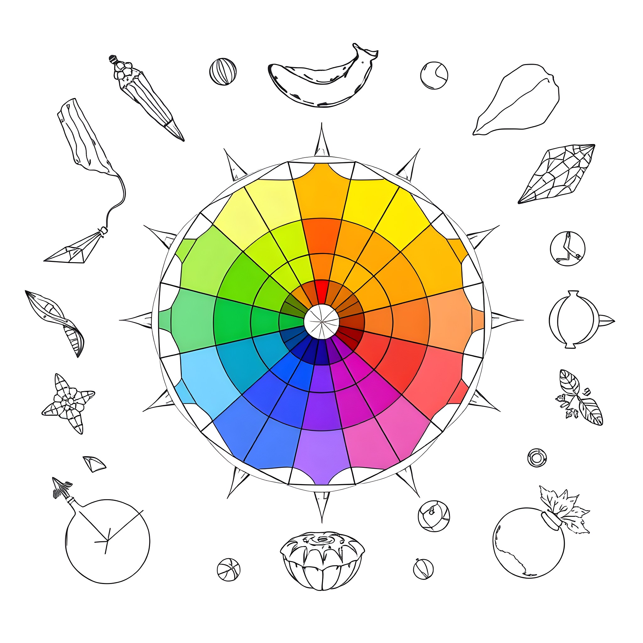 Color System Exploration of Shapes and Patterns Coloring Page (free black-and-white line drawing printable PDF for all, from beginners to advanced learners, including children, teens, adults, and seniors)