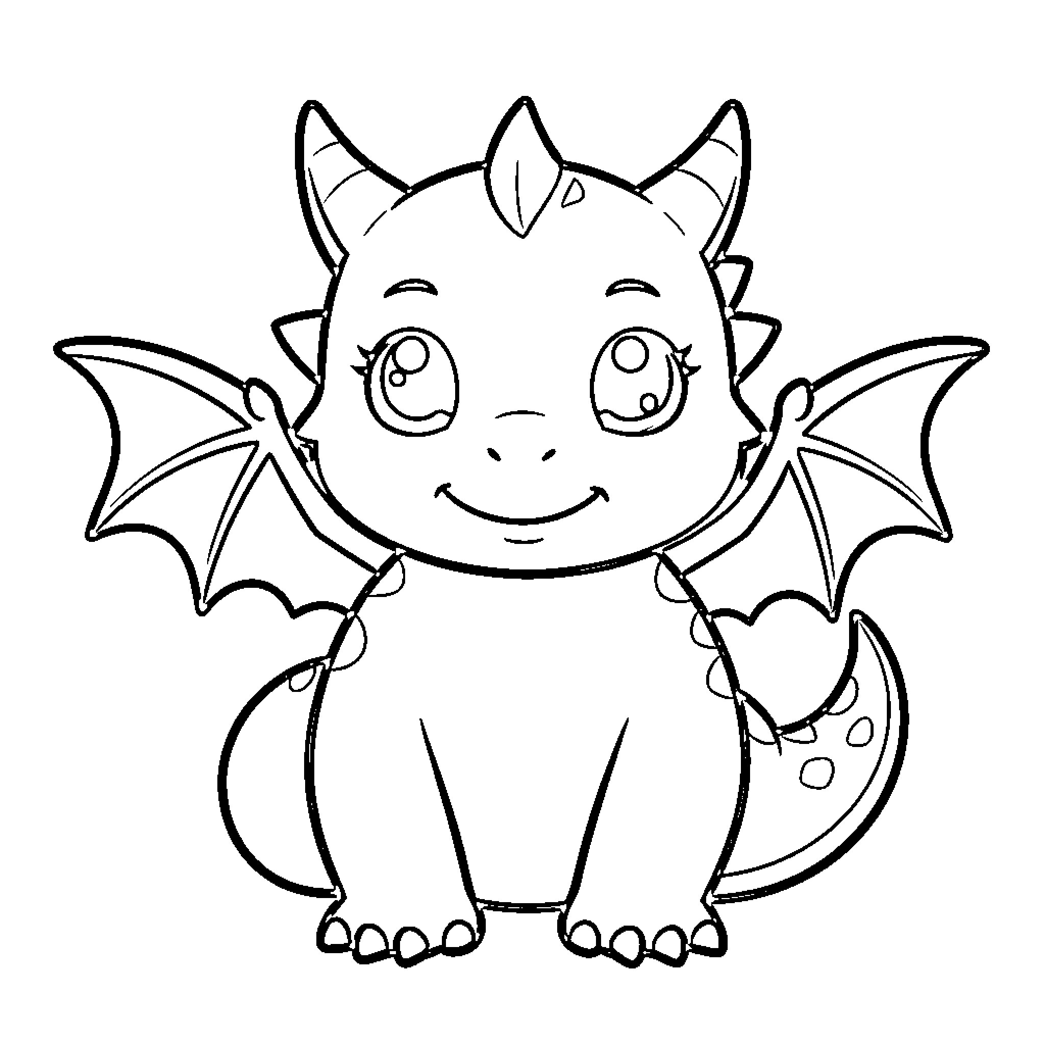 Dragon smiling happily with wide sparkling eyes Coloring Page (free black-and-white line drawing printable PDF for all, from beginners to advanced learners, including children, teens, adults, and seniors)