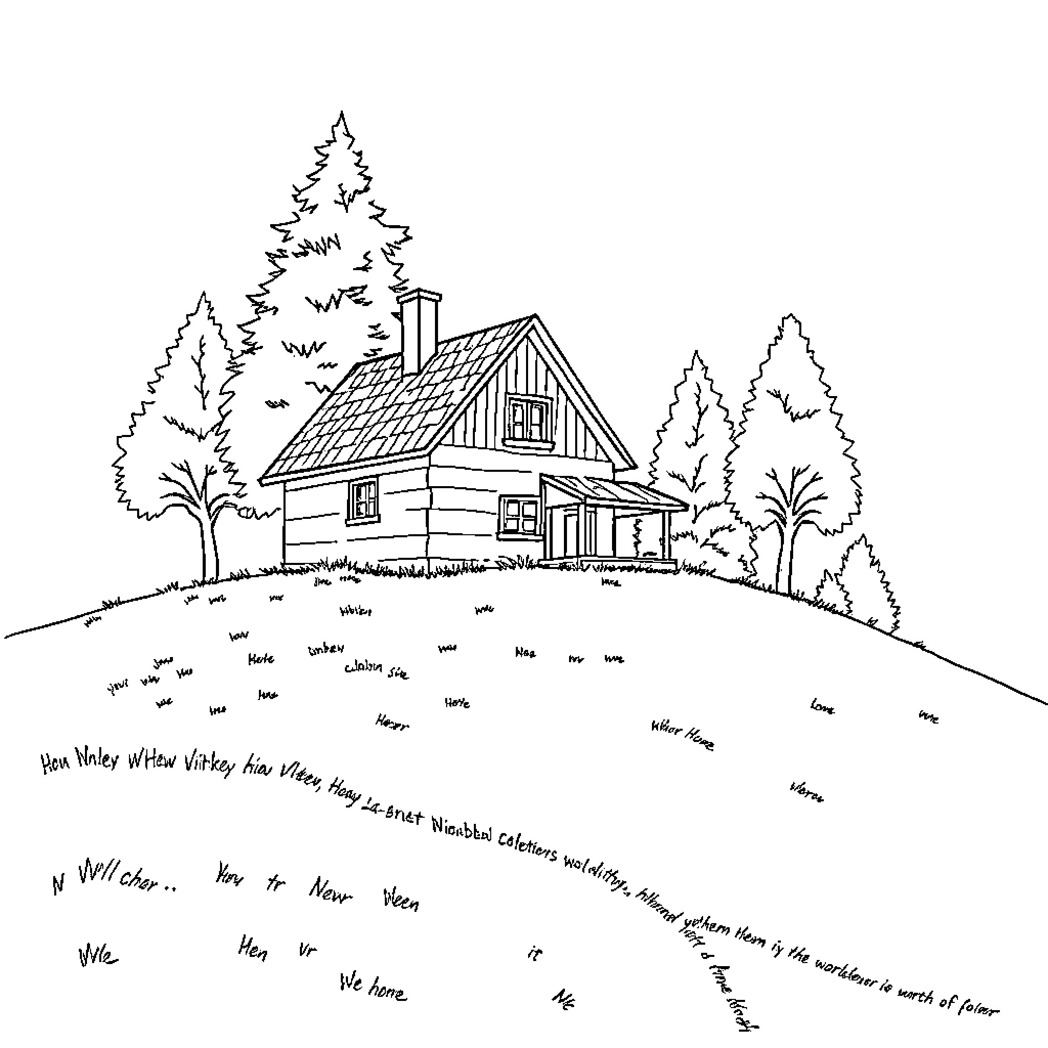 House on Peaceful Countryside Landscape Coloring Page (free black-and-white line drawing printable PDF for all, from beginners to advanced learners, including children, teens, adults, and seniors)