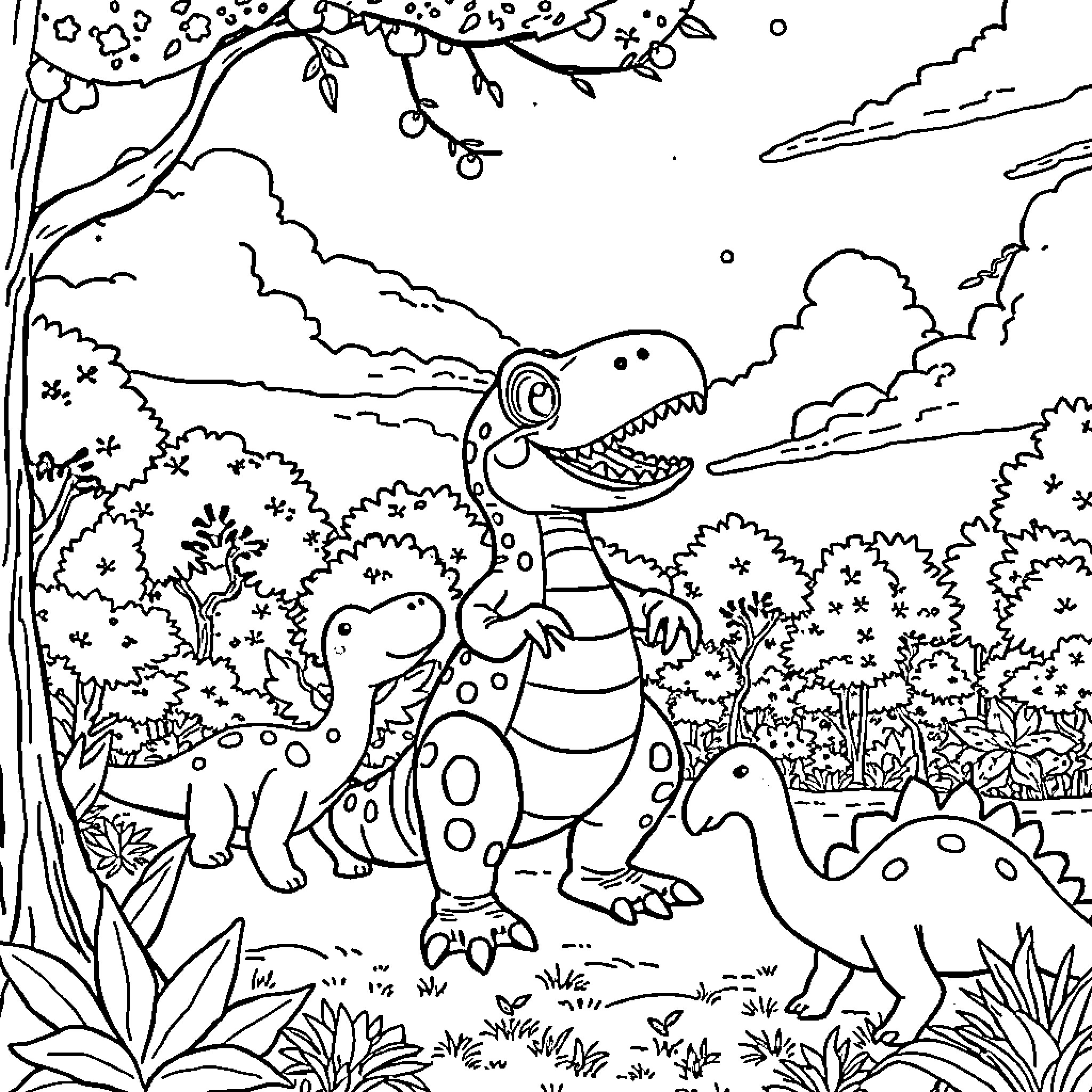 Ruben's Dinosaur Adventure in the Magical Forest Coloring Page (free black-and-white line drawing printable PDF for all, from beginners to advanced learners, including children, teens, adults, and seniors)