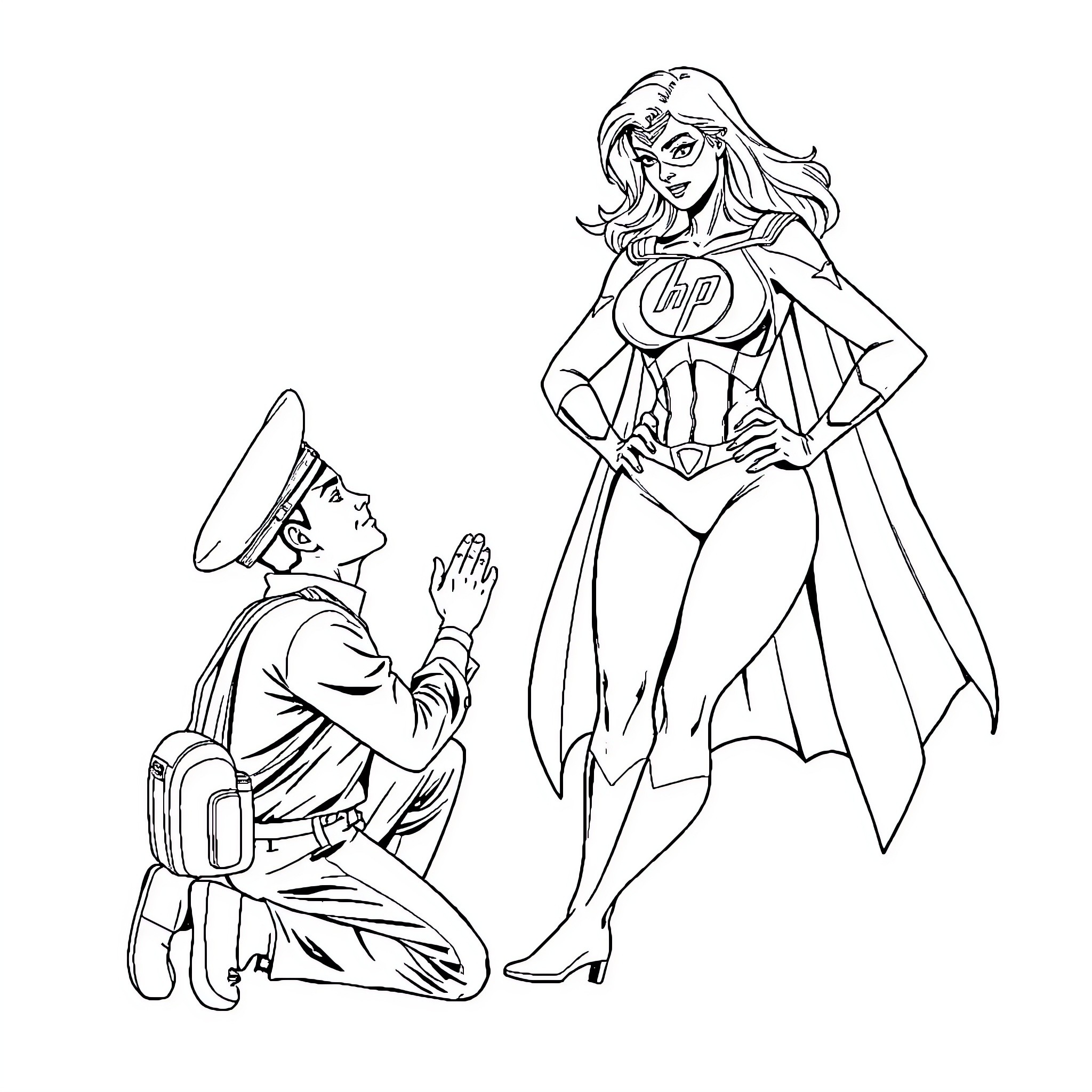 Pilot confronts determined heroine in action scene Coloring Page (free black-and-white line drawing printable PDF for all, from beginners to advanced learners, including children, teens, adults, and seniors)