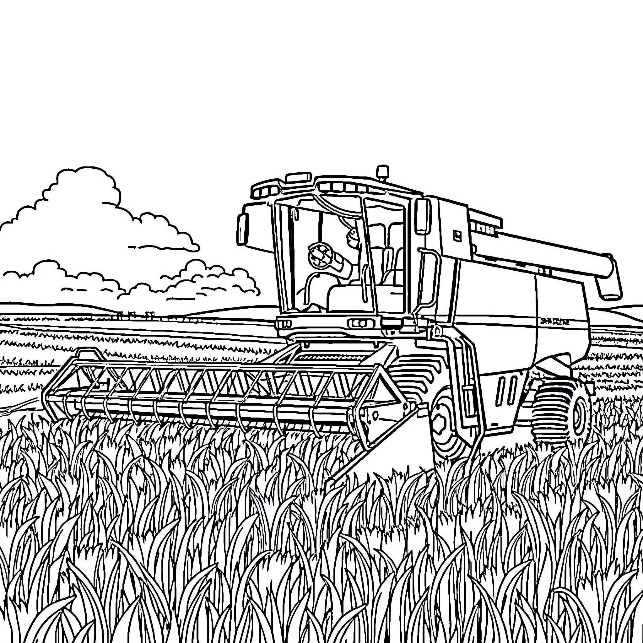 Combine Harvester Working in Wheat Field Coloring Page (free black-and-white line drawing printable PDF for all, from beginners to advanced learners, including children, teens, adults, and seniors)