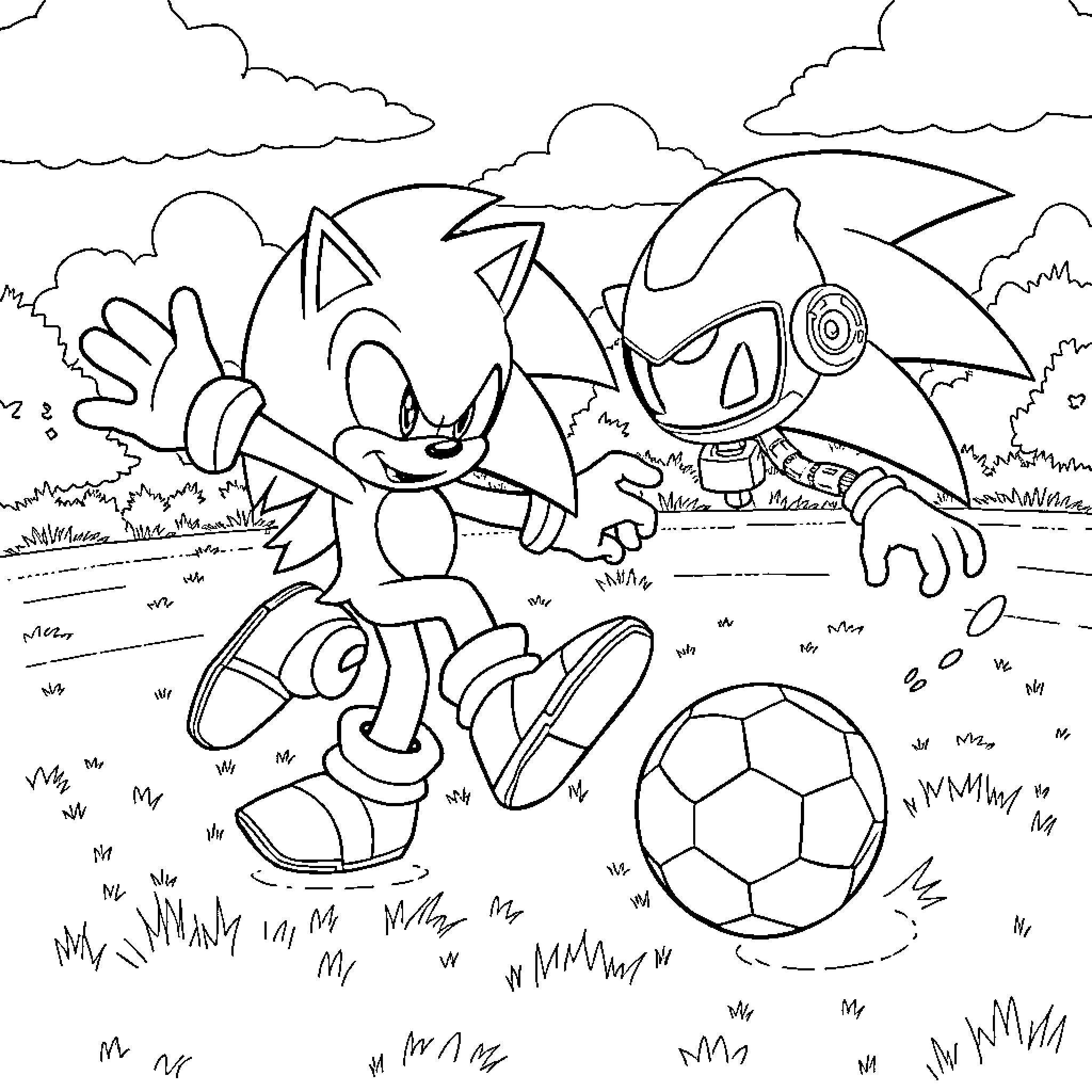 Sonic playing with robotic companion in a grassy field Coloring Page (free black-and-white line drawing printable PDF for all, from beginners to advanced learners, including children, teens, adults, and seniors)