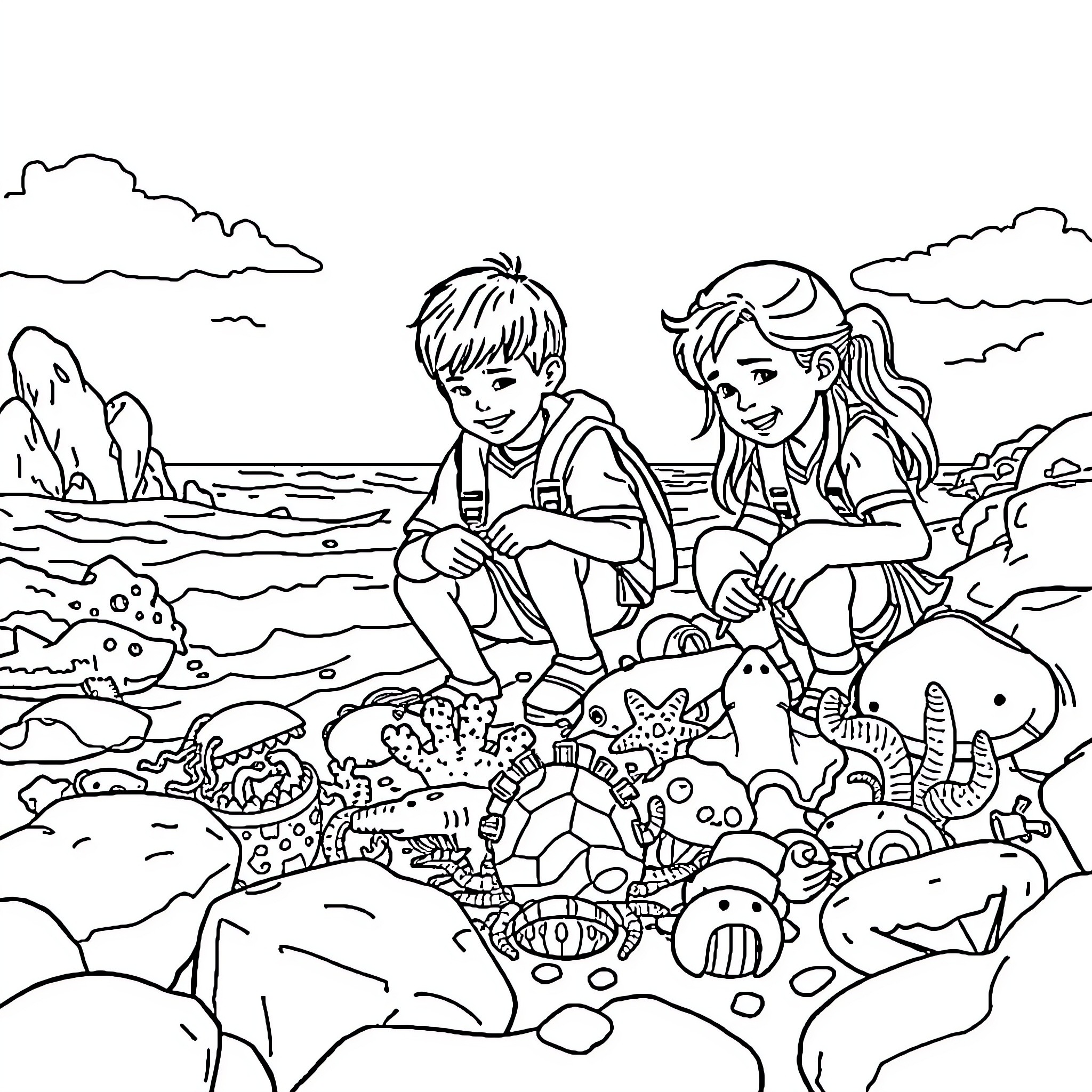 Students Exploring Tide Pool Creatures Together Coloring Page (free black-and-white line drawing printable PDF for all, from beginners to advanced learners, including children, teens, adults, and seniors)