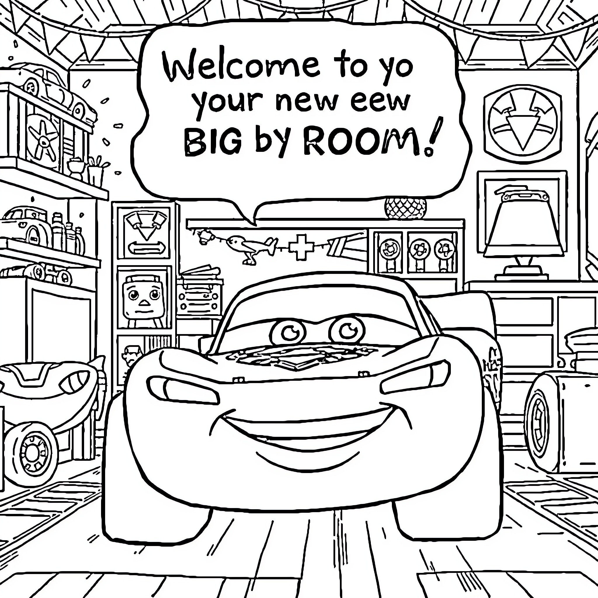 Lightning McQueen welcomes you to his new, big eew room Coloring Page (free black-and-white line drawing printable PDF for all, from beginners to advanced learners, including children, teens, adults, and seniors)