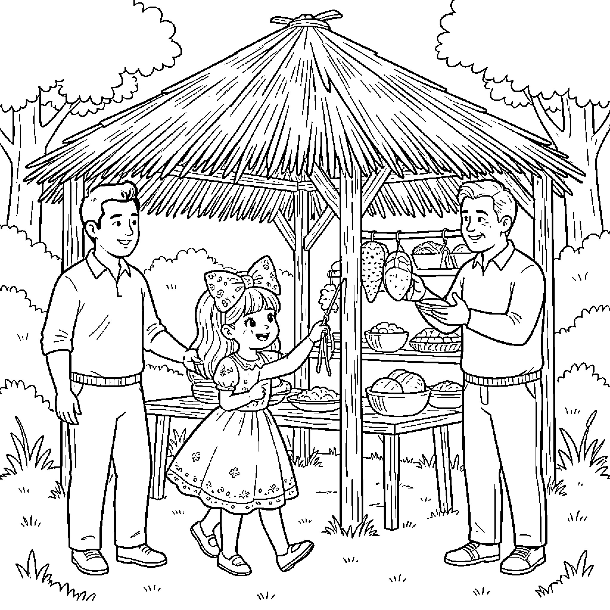 Boy and Girl visiting a fruit market stall Coloring Page (free black-and-white line drawing printable PDF for all, from beginners to advanced learners, including children, teens, adults, and seniors)