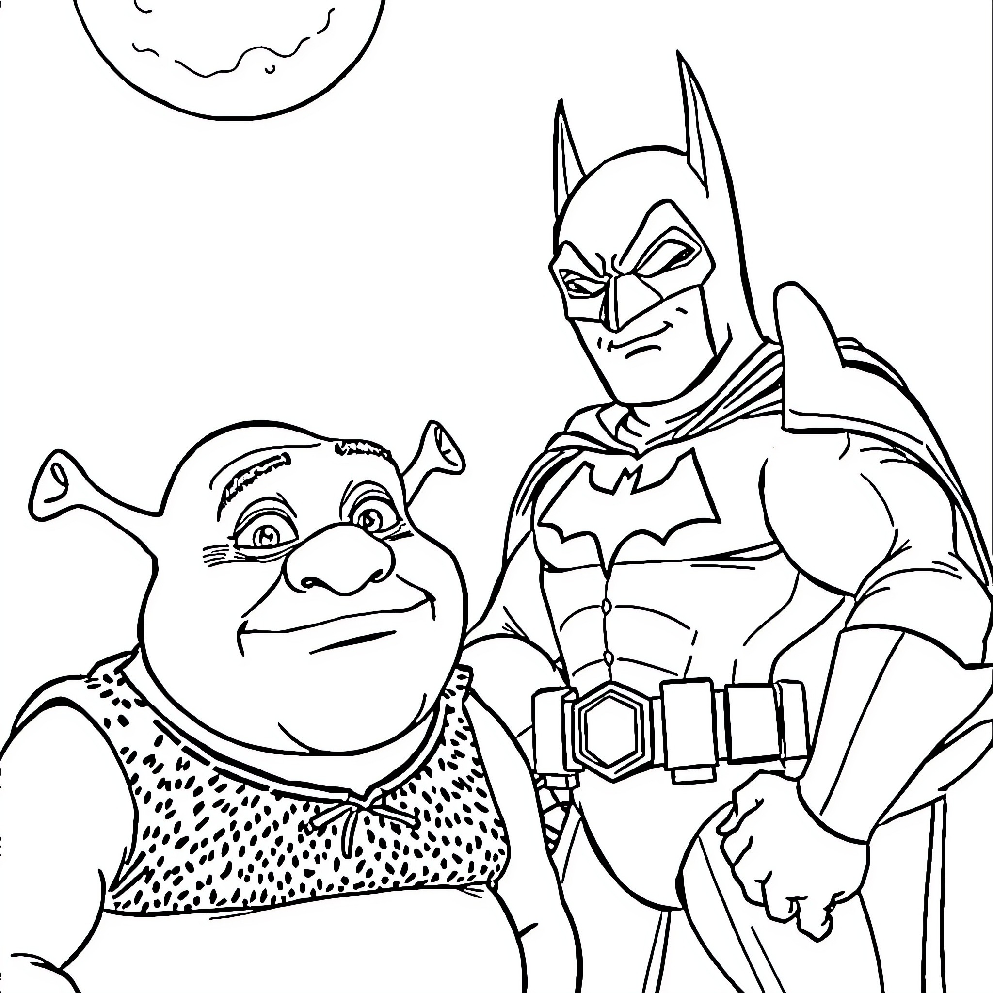 Shrek and Batman: An Unlikely Duo Coloring Page (free black-and-white line drawing printable PDF for all, from beginners to advanced learners, including children, teens, adults, and seniors)