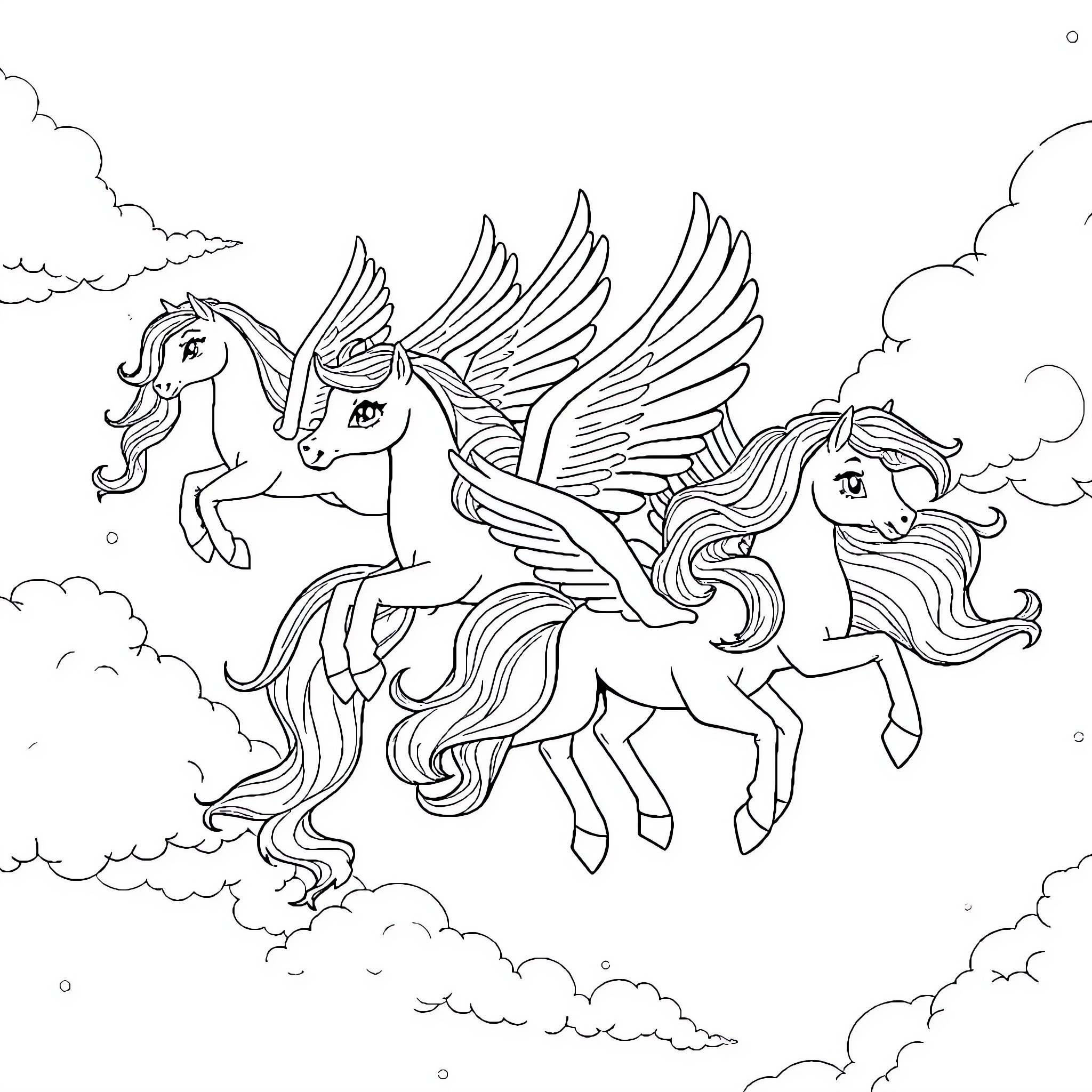 Pony friends soaring through the clouds Coloring Page (free black-and-white line drawing printable PDF for all, from beginners to advanced learners, including children, teens, adults, and seniors)